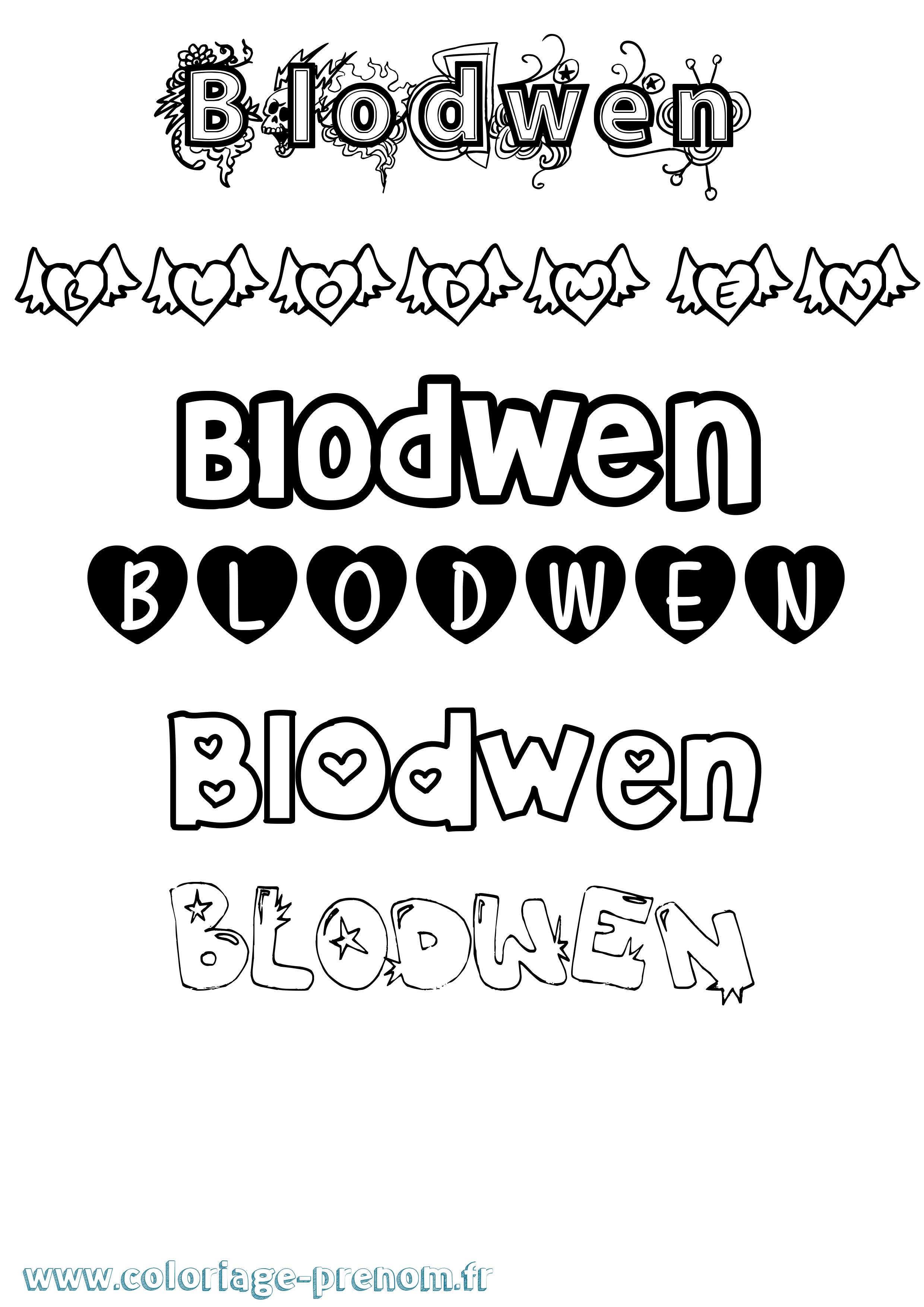 Coloriage Blodwen Girly Coloriage prénom Blodwen Girly