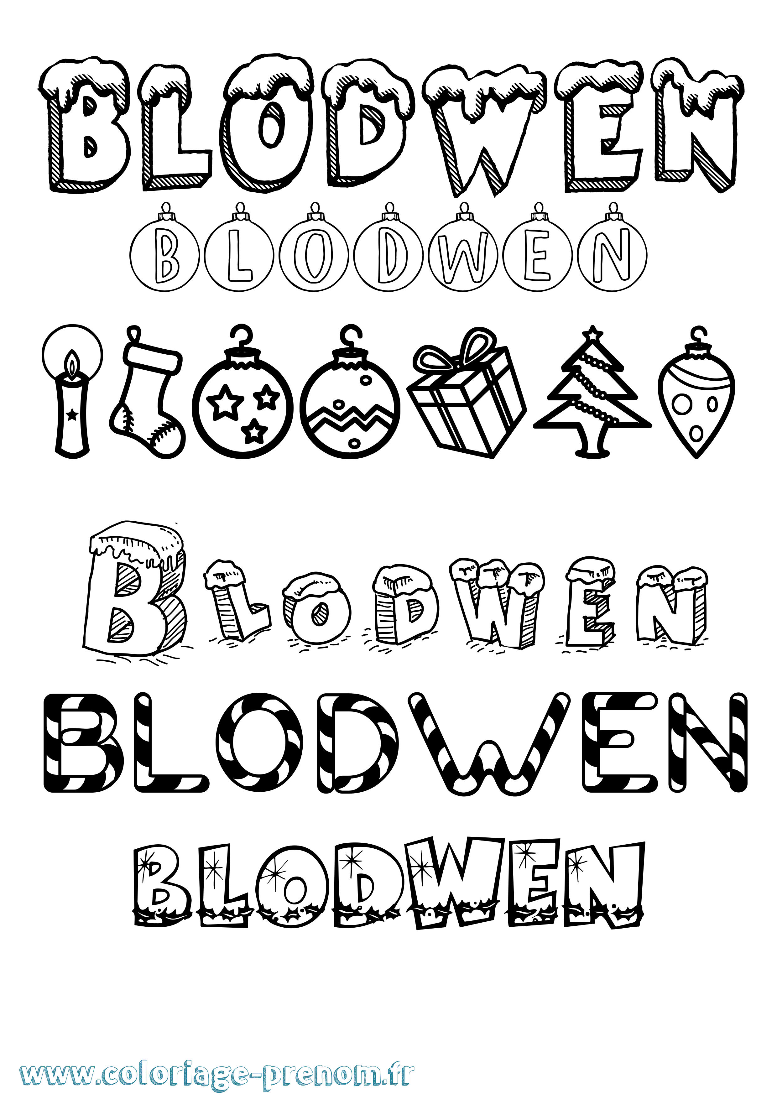 Coloriage Blodwen Noël Coloriage prénom Blodwen Noël