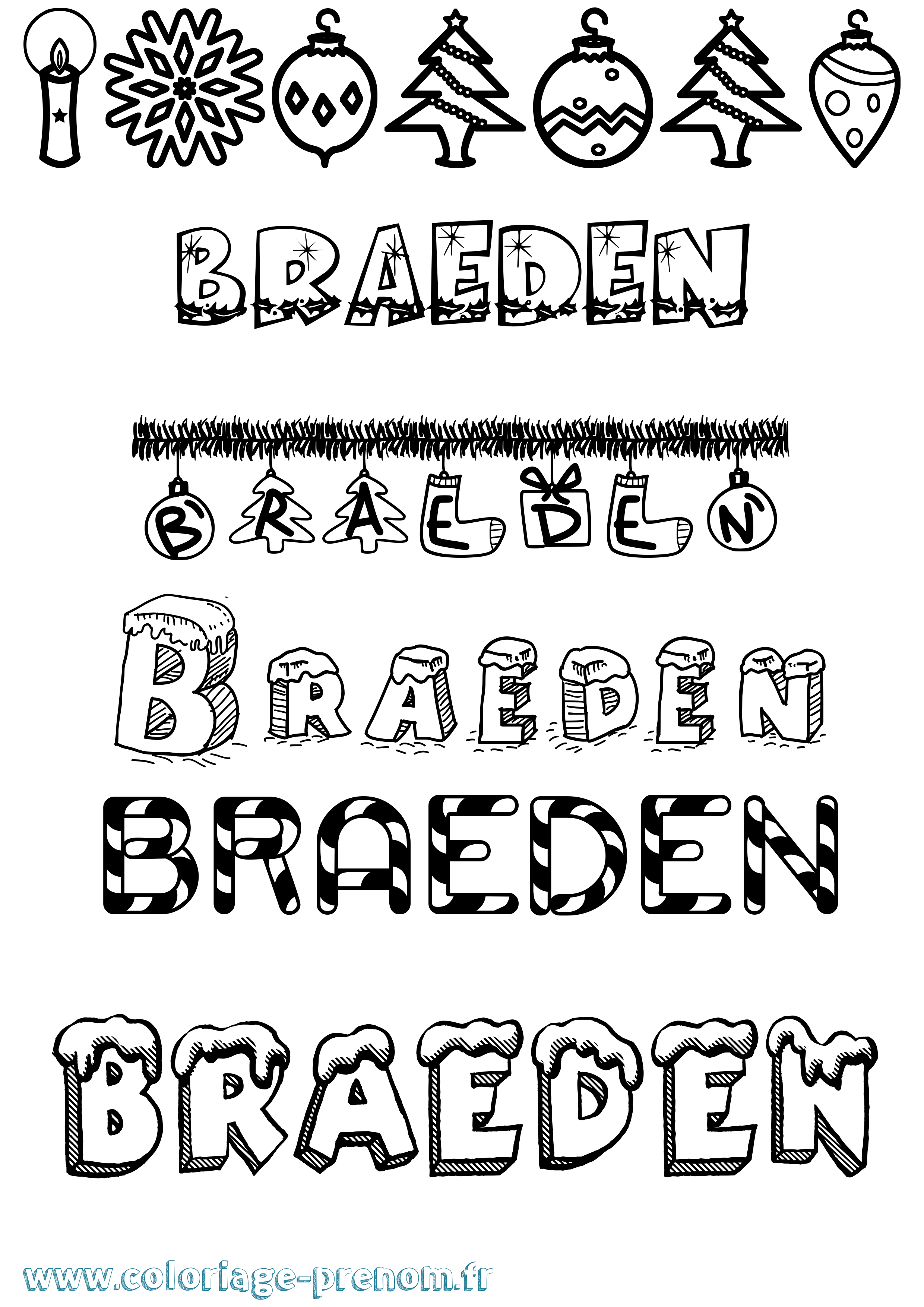 Coloriage Braeden Noël Coloriage prénom Braeden Noël