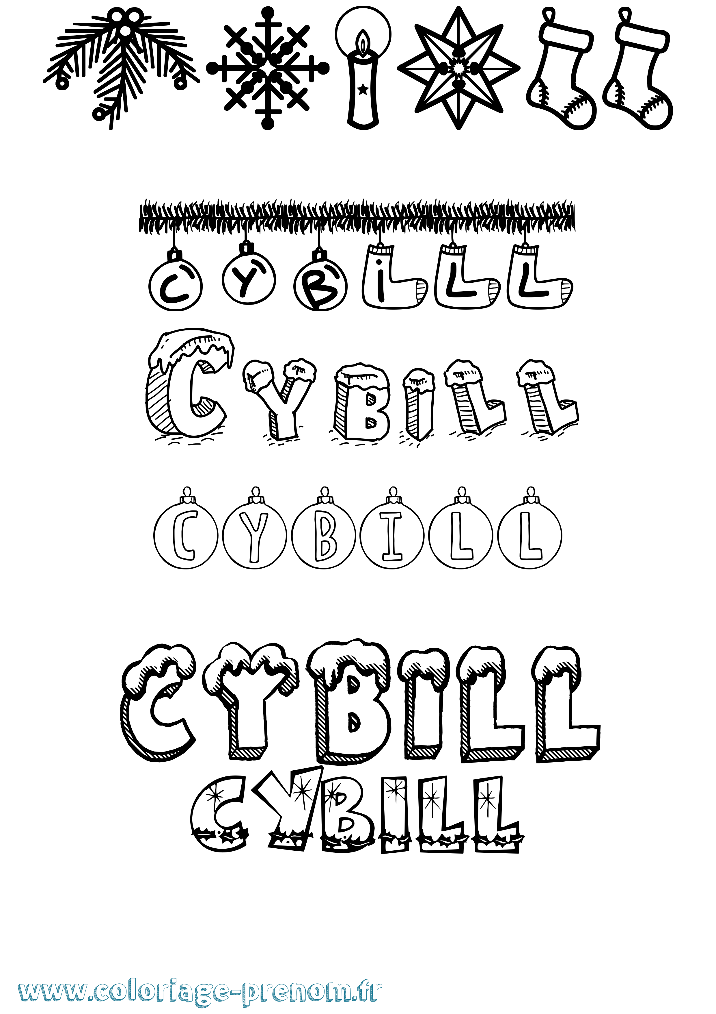 Coloriage Cybill Noël Coloriage prénom Cybill Noël