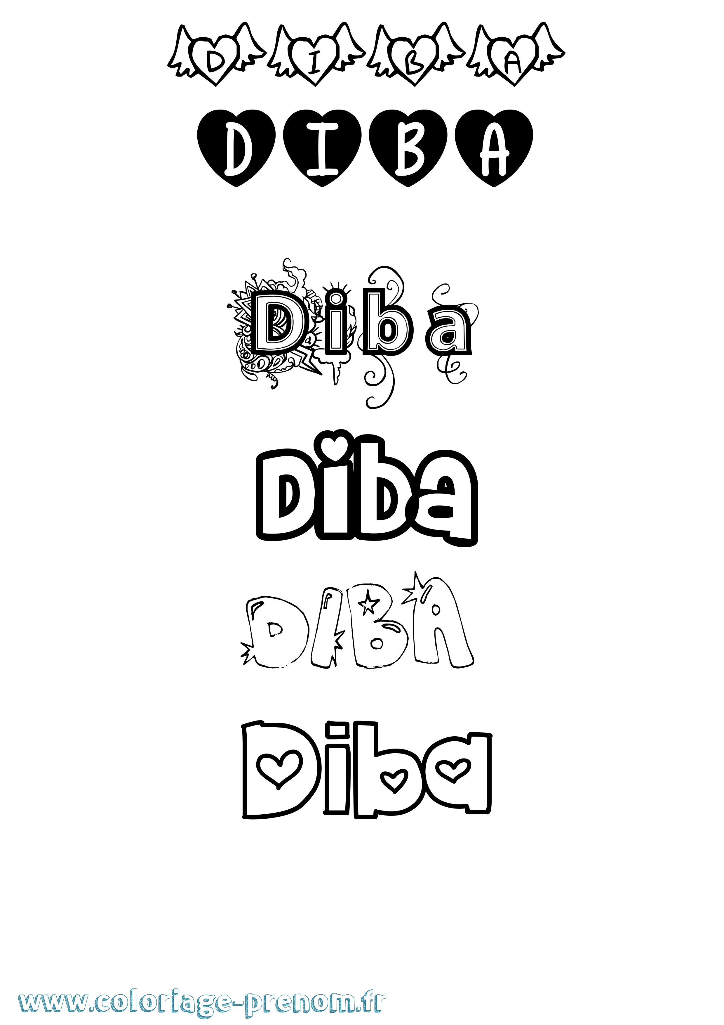 Coloriage Diba Girly Coloriage prénom Diba Girly