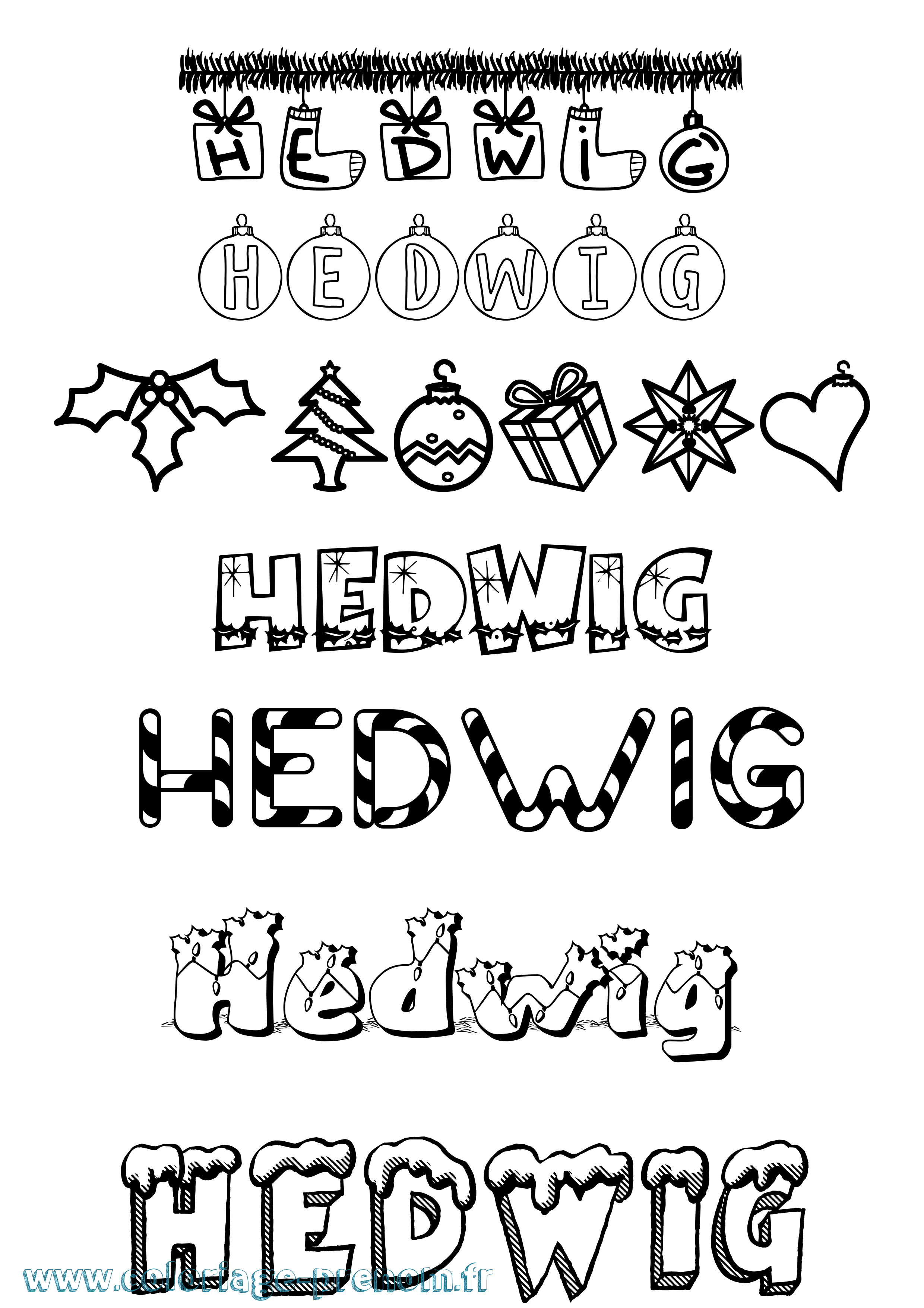 Coloriage Hedwig Noël Coloriage prénom Hedwig Noël