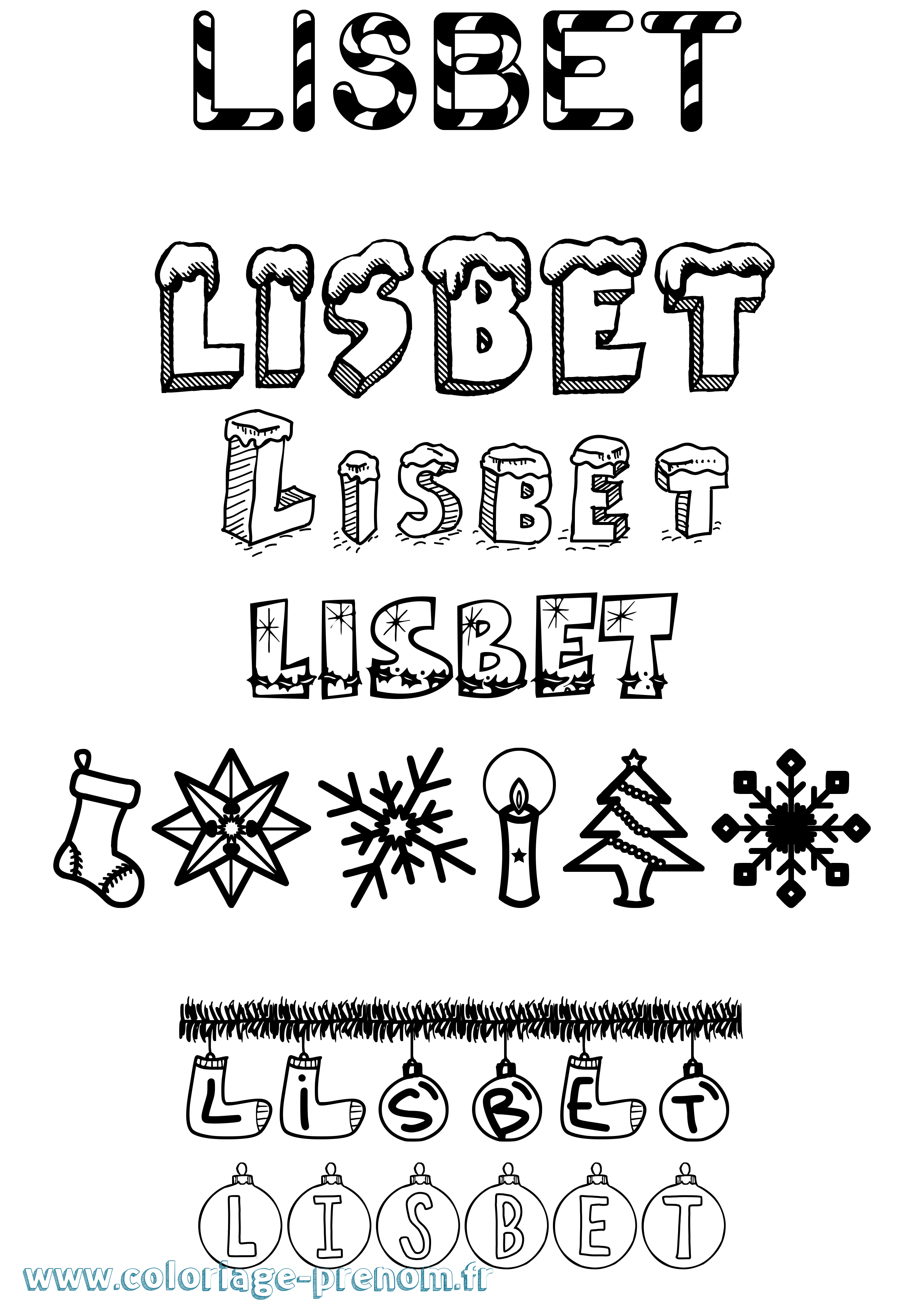 Coloriage Lisbet Noël Coloriage prénom Lisbet Noël
