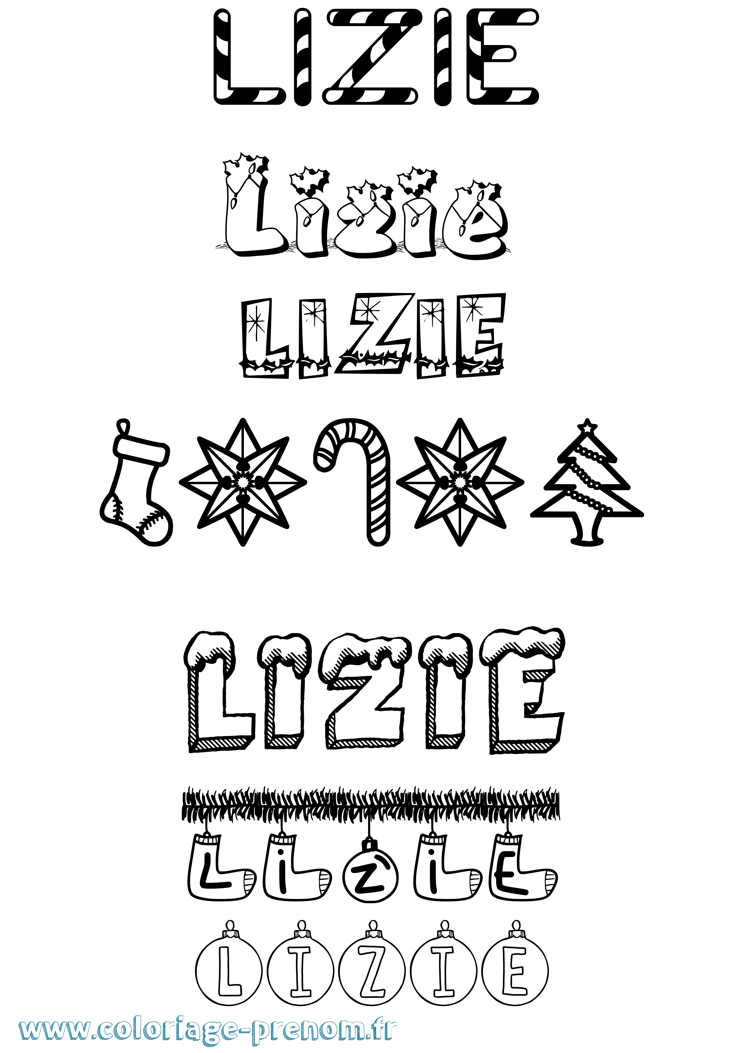 Coloriage Lizie Noël Coloriage prénom Lizie Noël