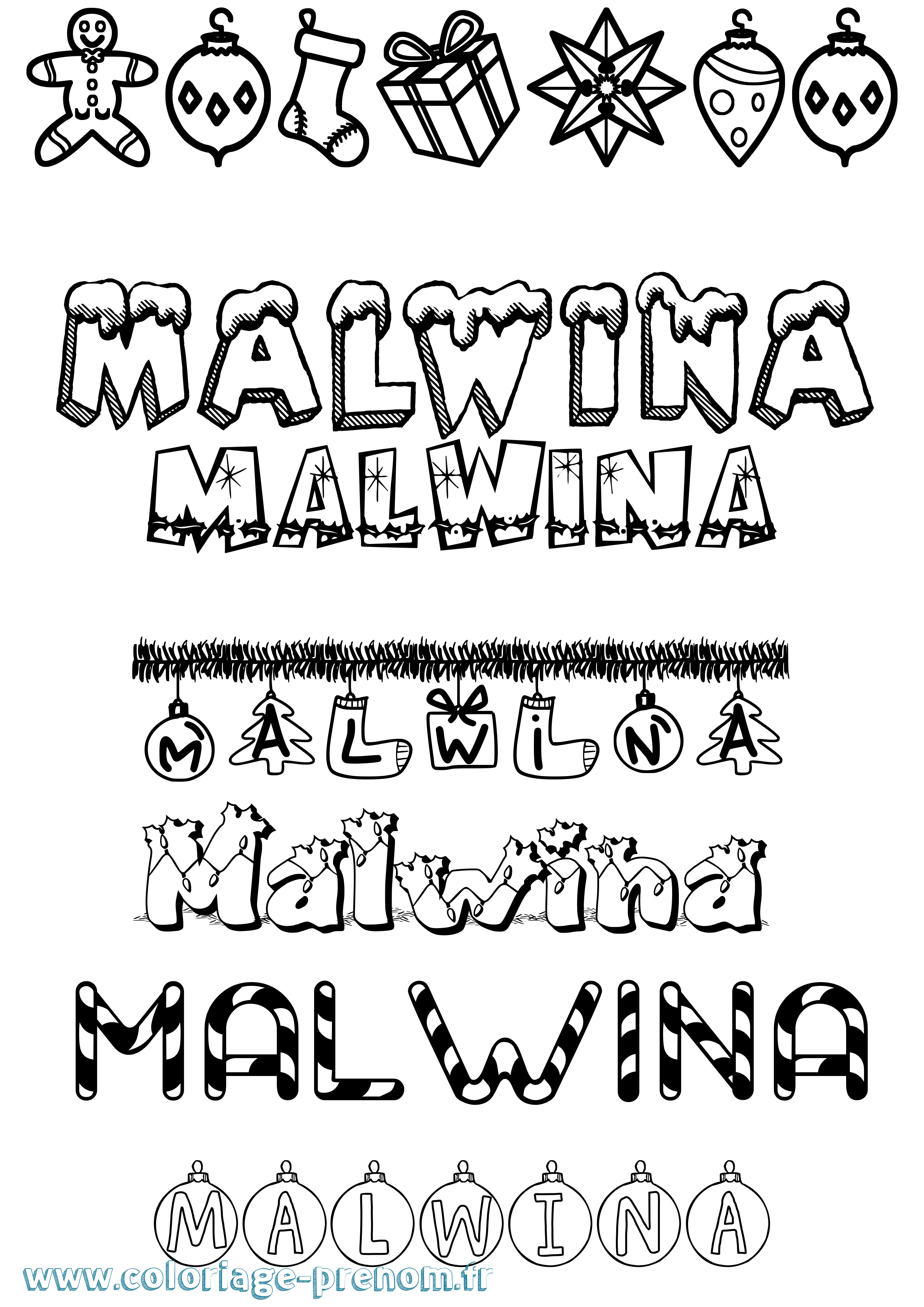 Coloriage Malwina Noël Coloriage prénom Malwina Noël
