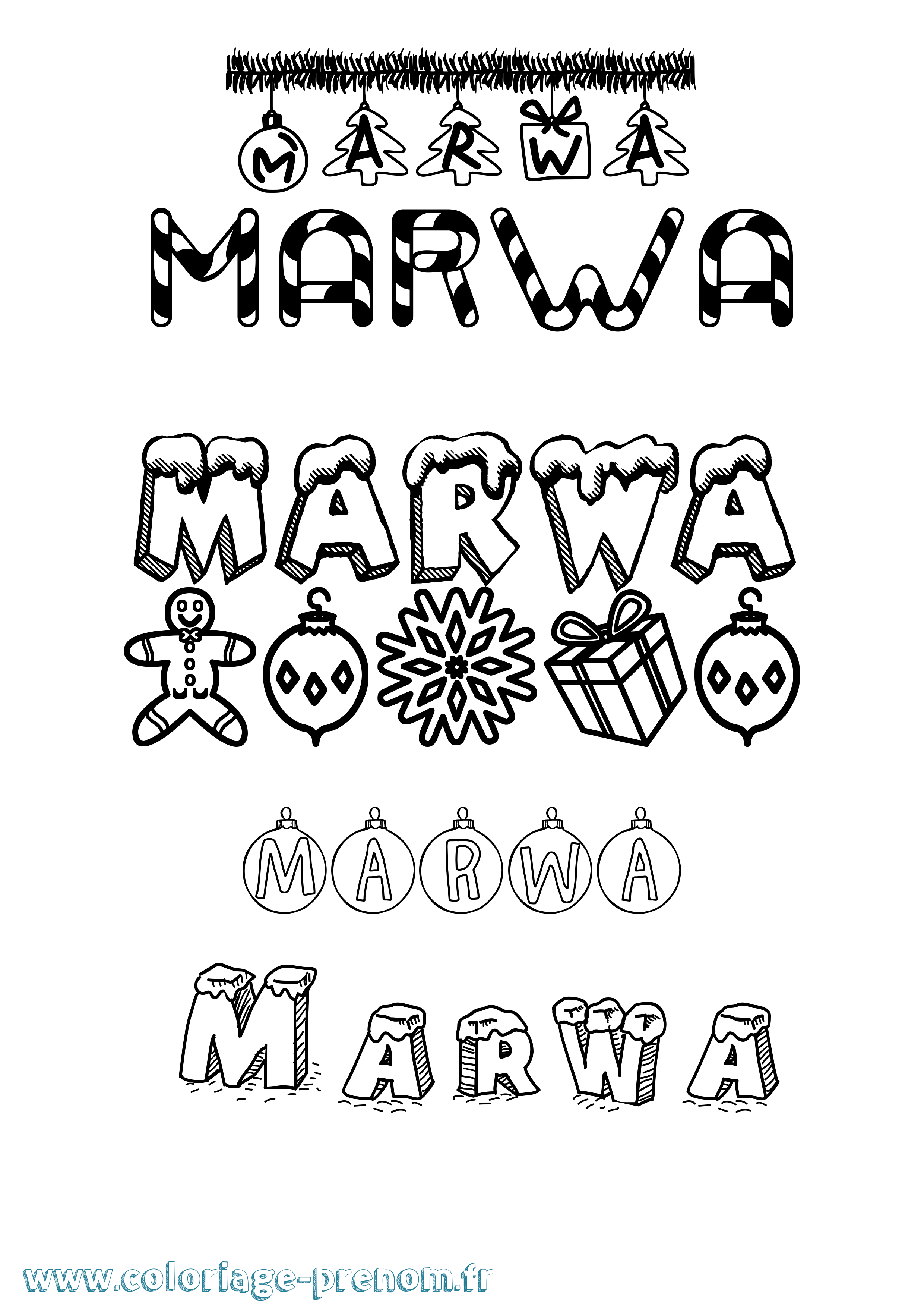 Coloriage Marwa Noël Coloriage prénom Marwa Noël