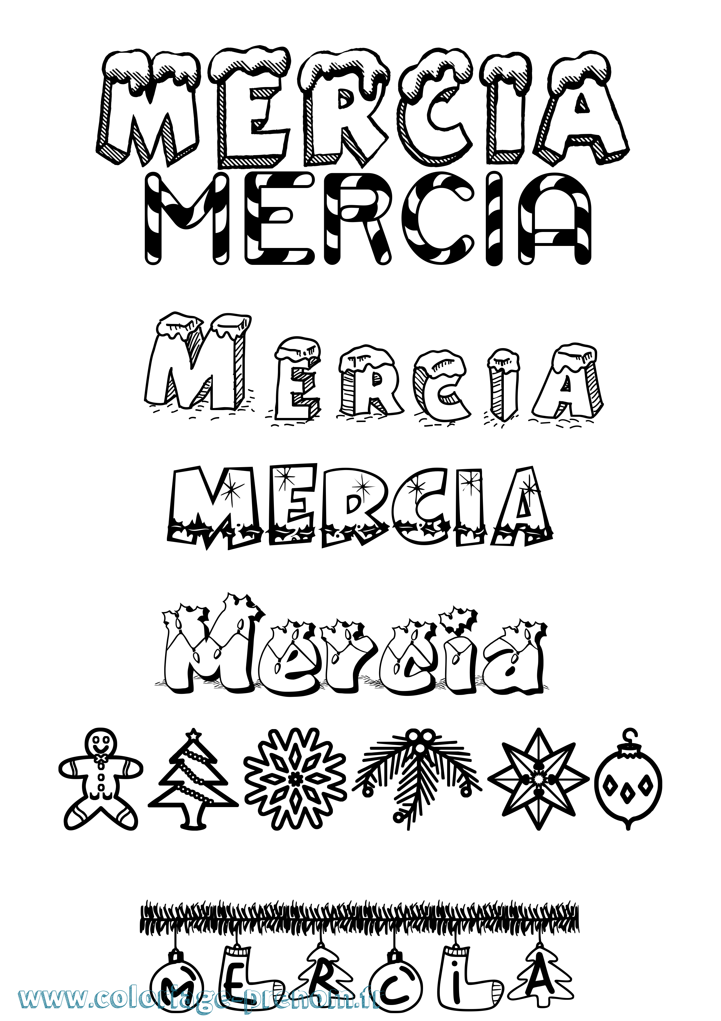 Coloriage Mercia Noël Coloriage prénom Mercia Noël