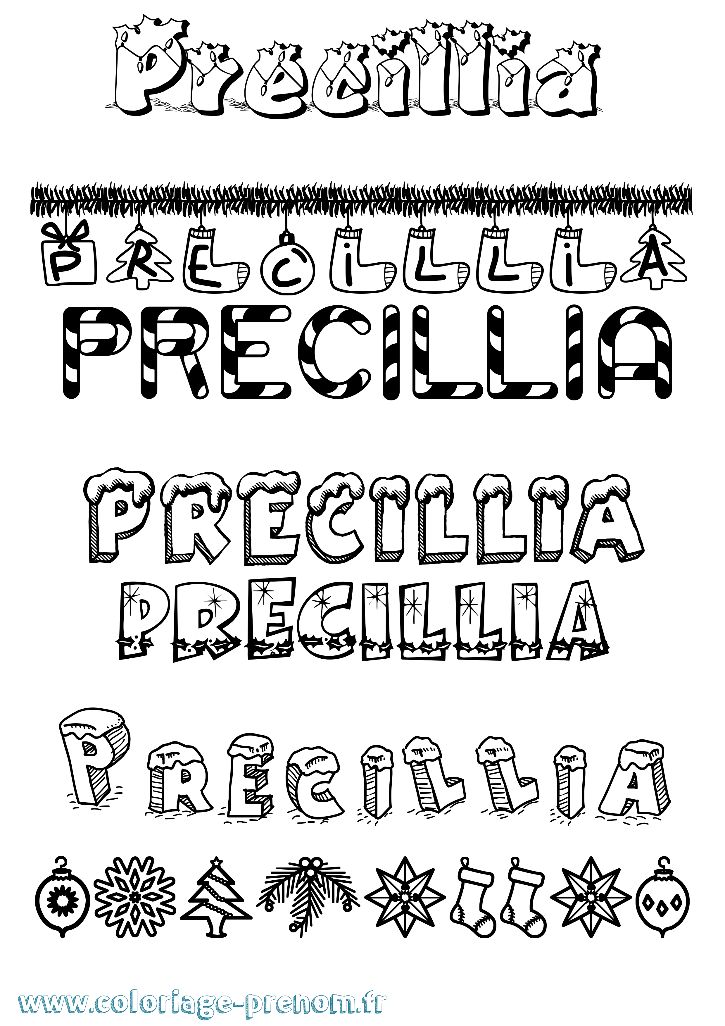 Coloriage Precillia Noël Coloriage prénom Precillia Noël