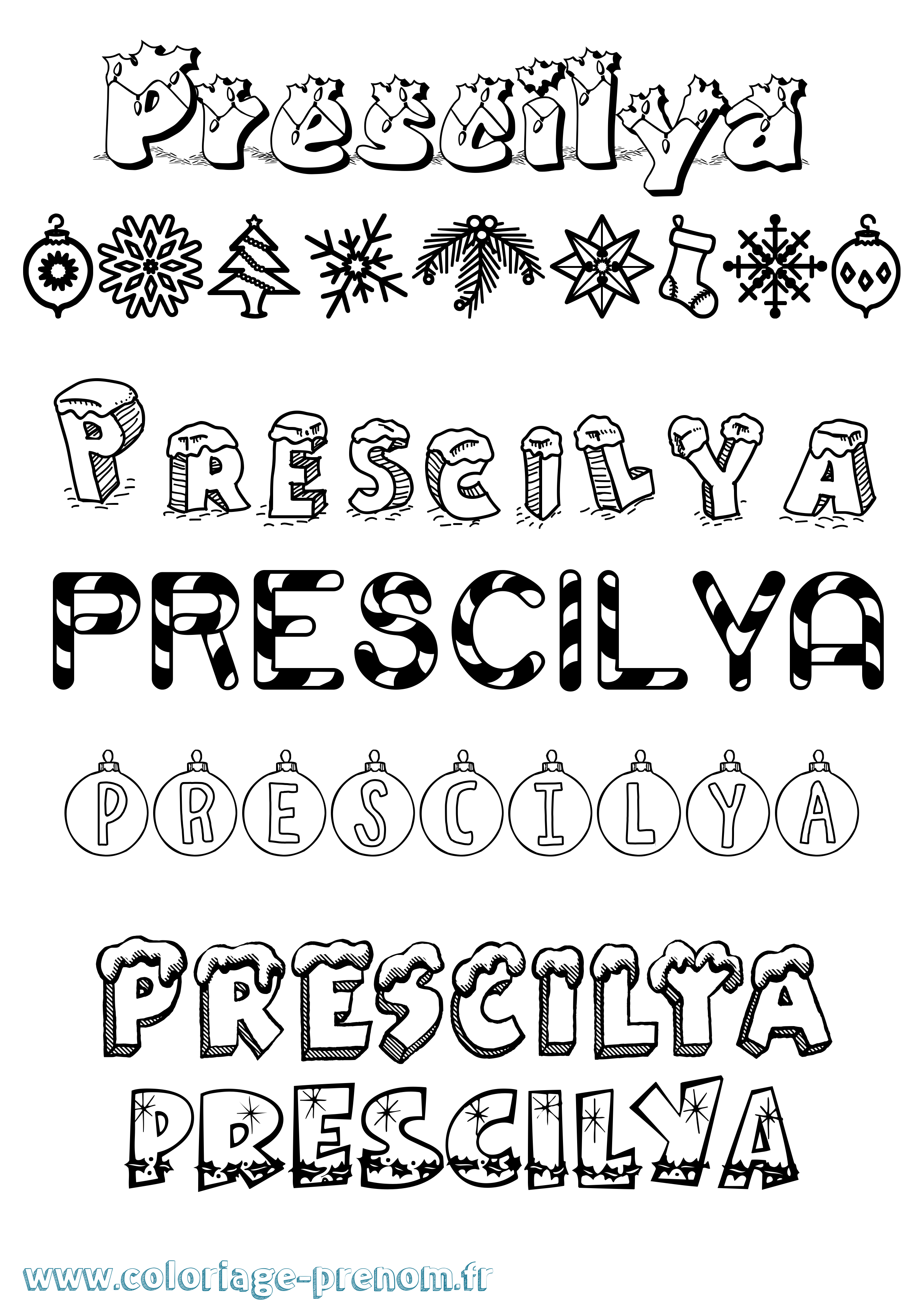 Coloriage Prescilya Noël Coloriage prénom Prescilya Noël