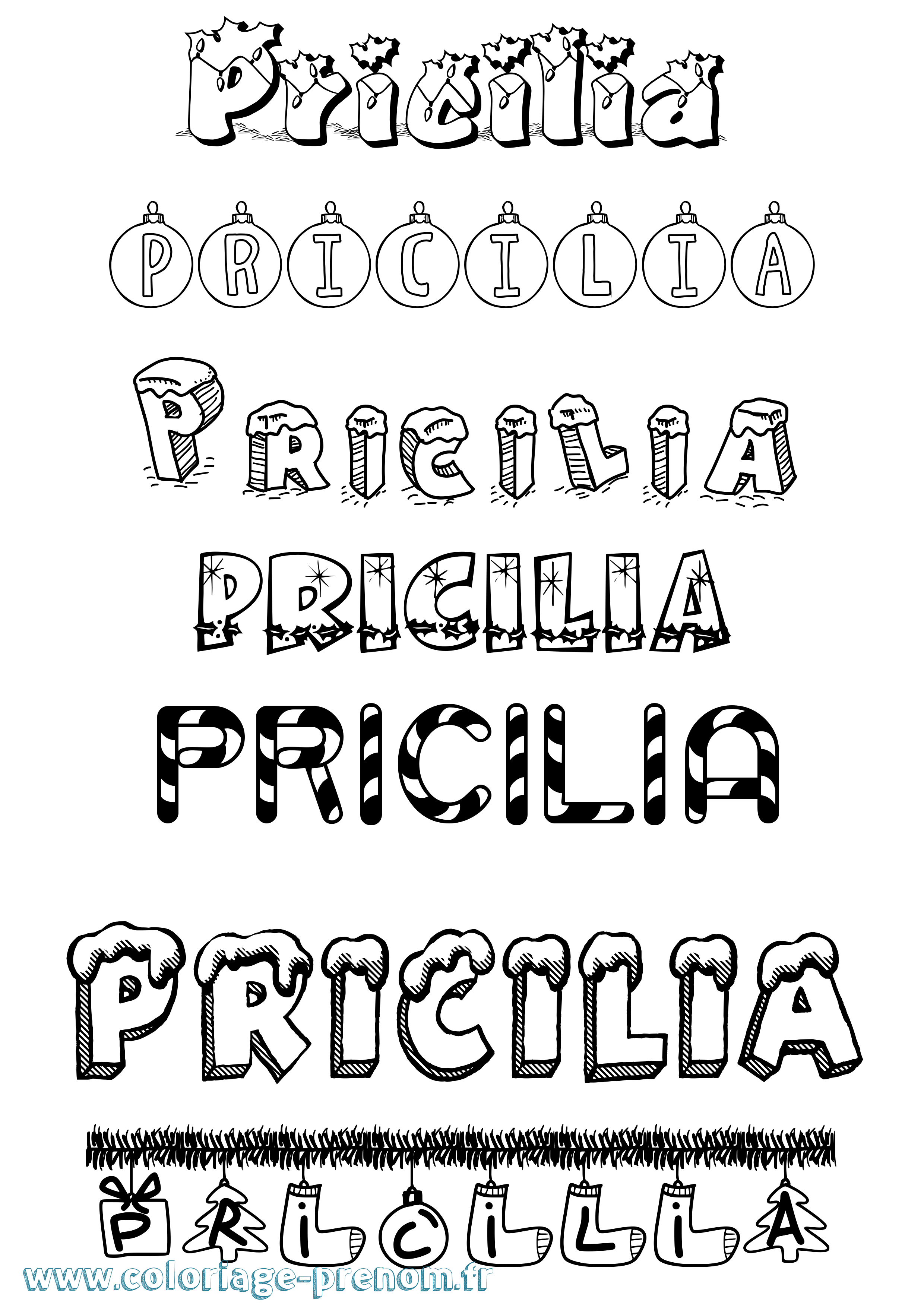 Coloriage Pricilia Noël Coloriage prénom Pricilia Noël