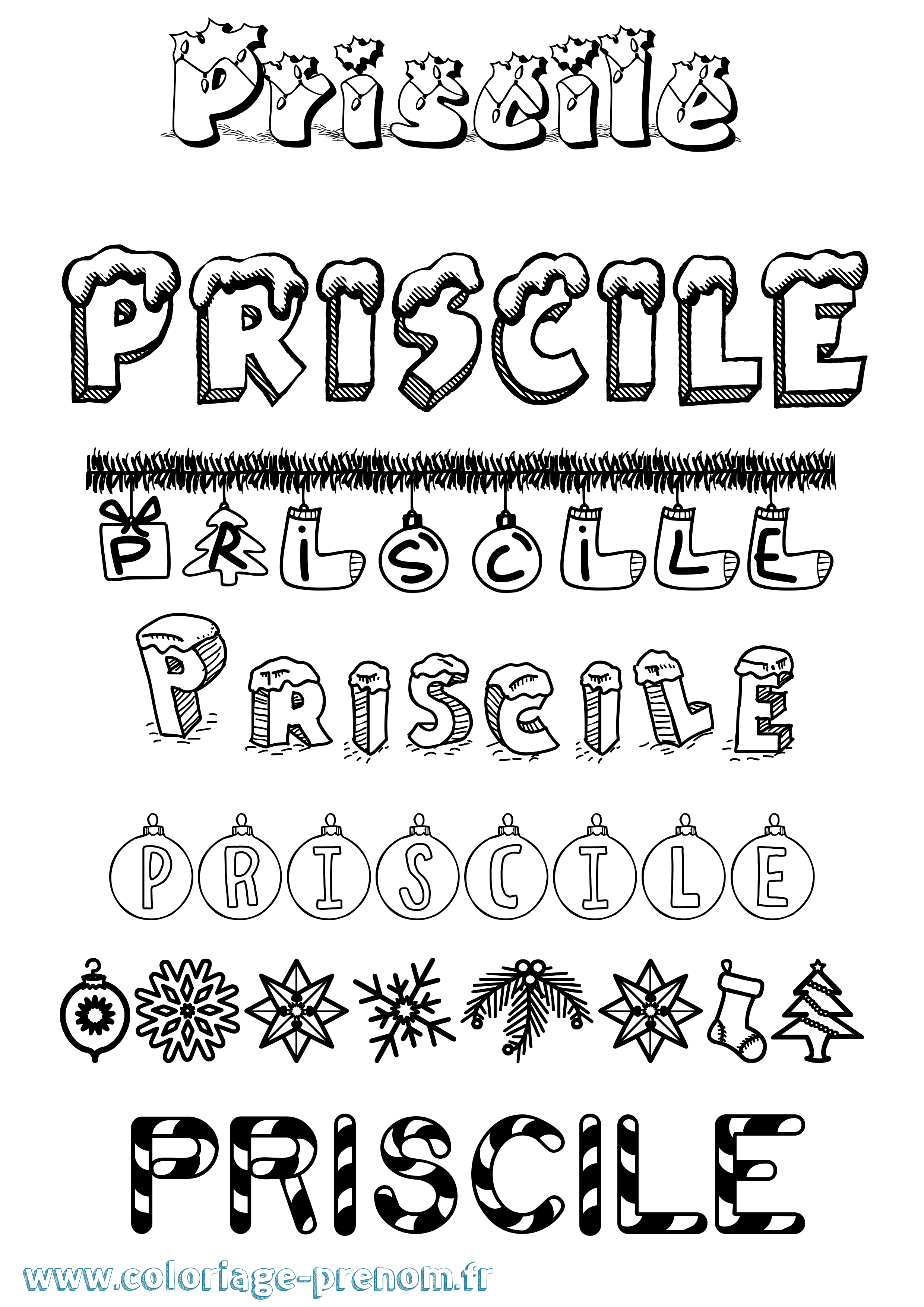Coloriage Priscile Noël Coloriage prénom Priscile Noël