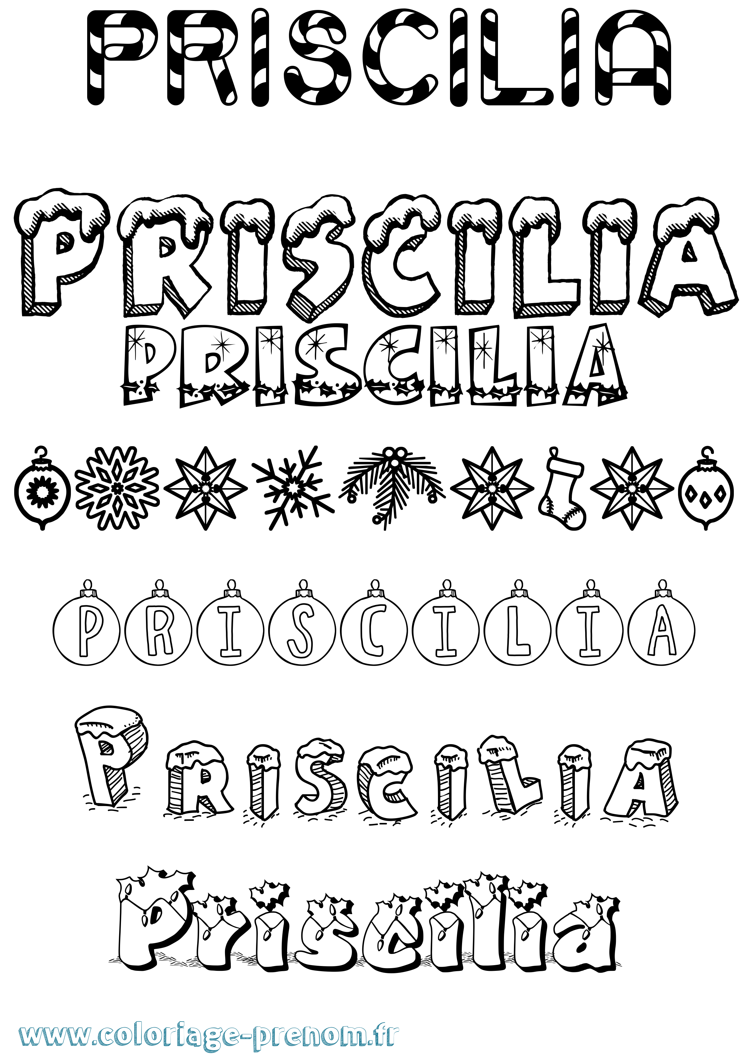 Coloriage Priscilia Noël Coloriage prénom Priscilia Noël
