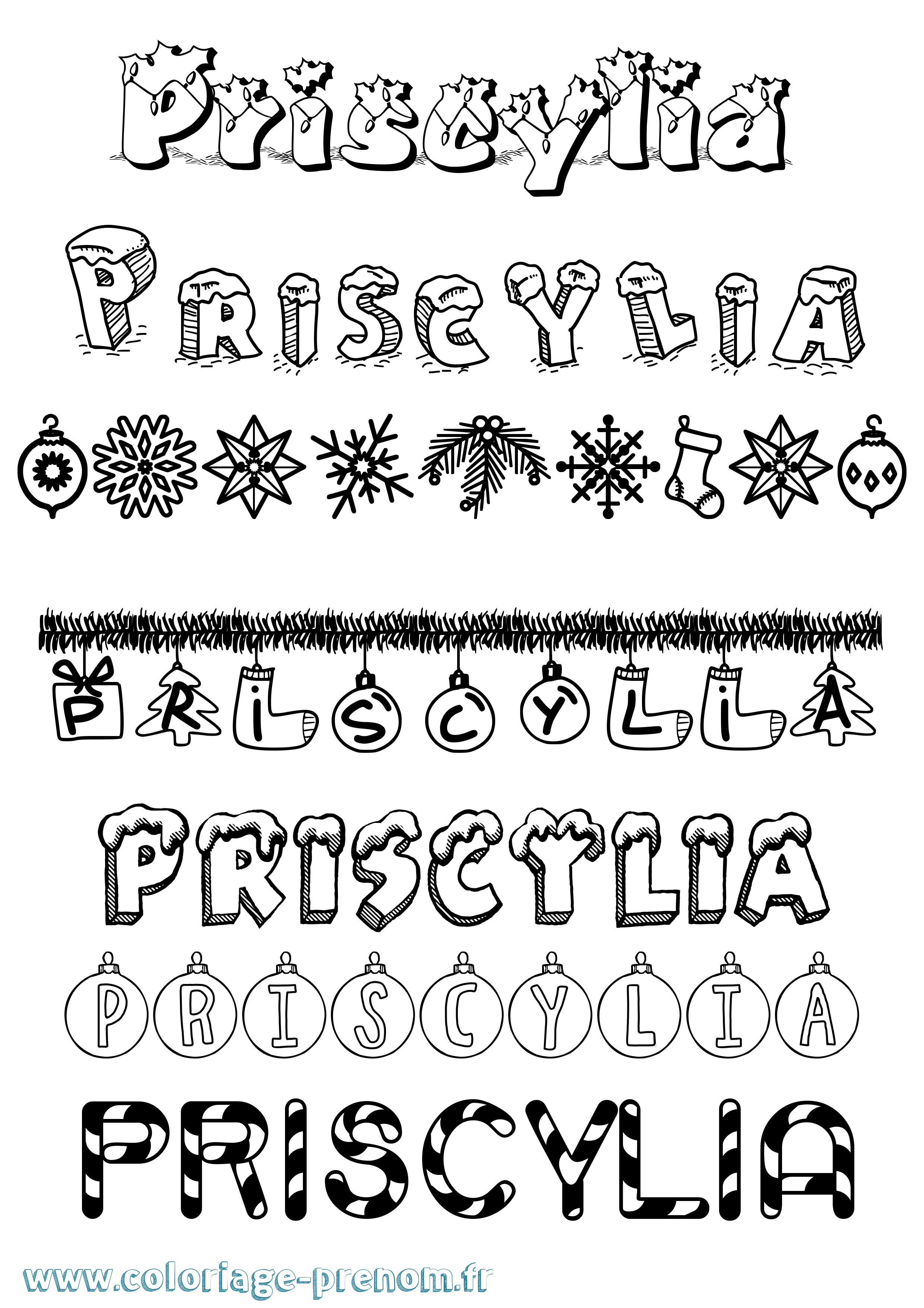 Coloriage Priscylia Noël Coloriage prénom Priscylia Noël