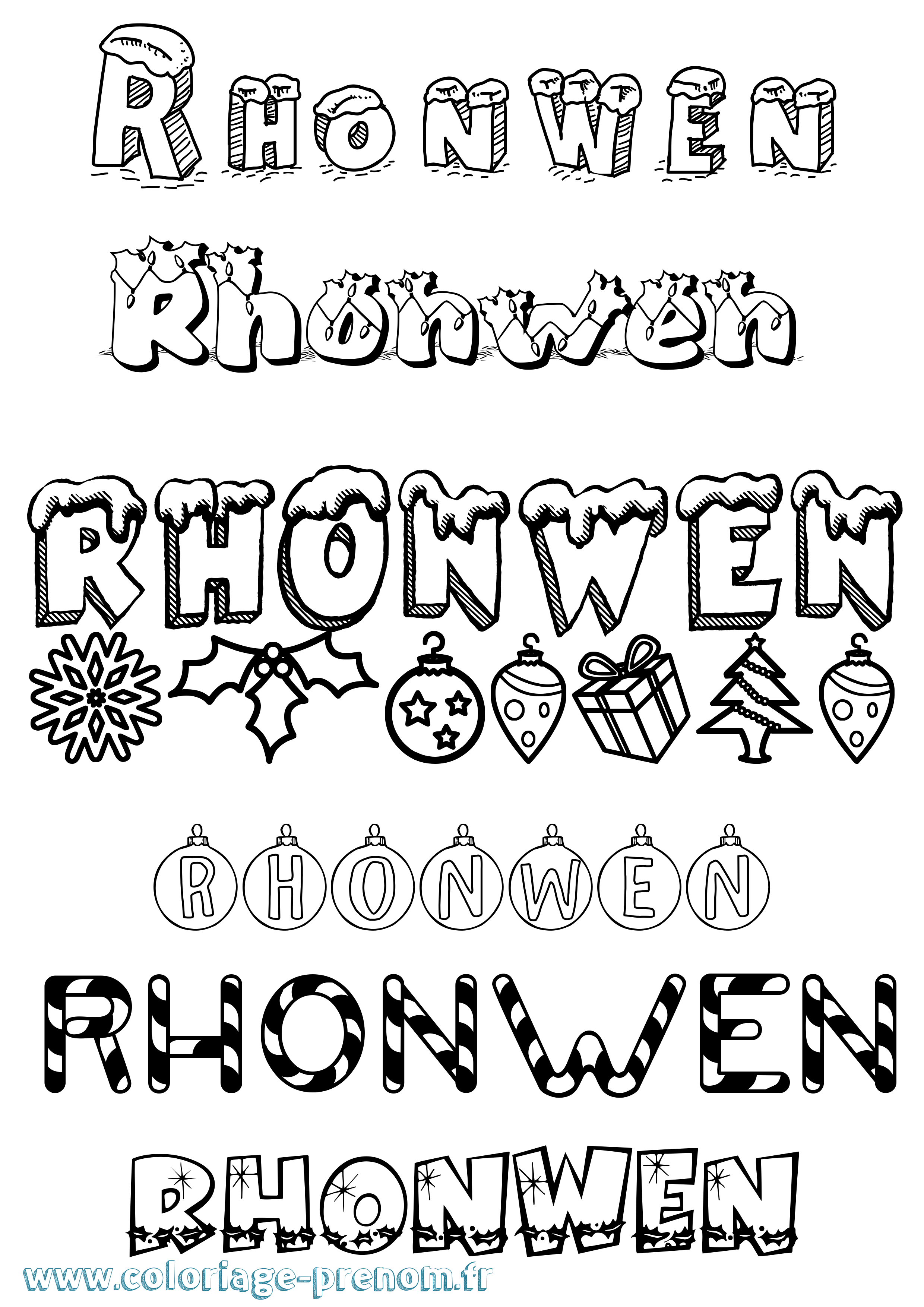 Coloriage Rhonwen Noël Coloriage prénom Rhonwen Noël