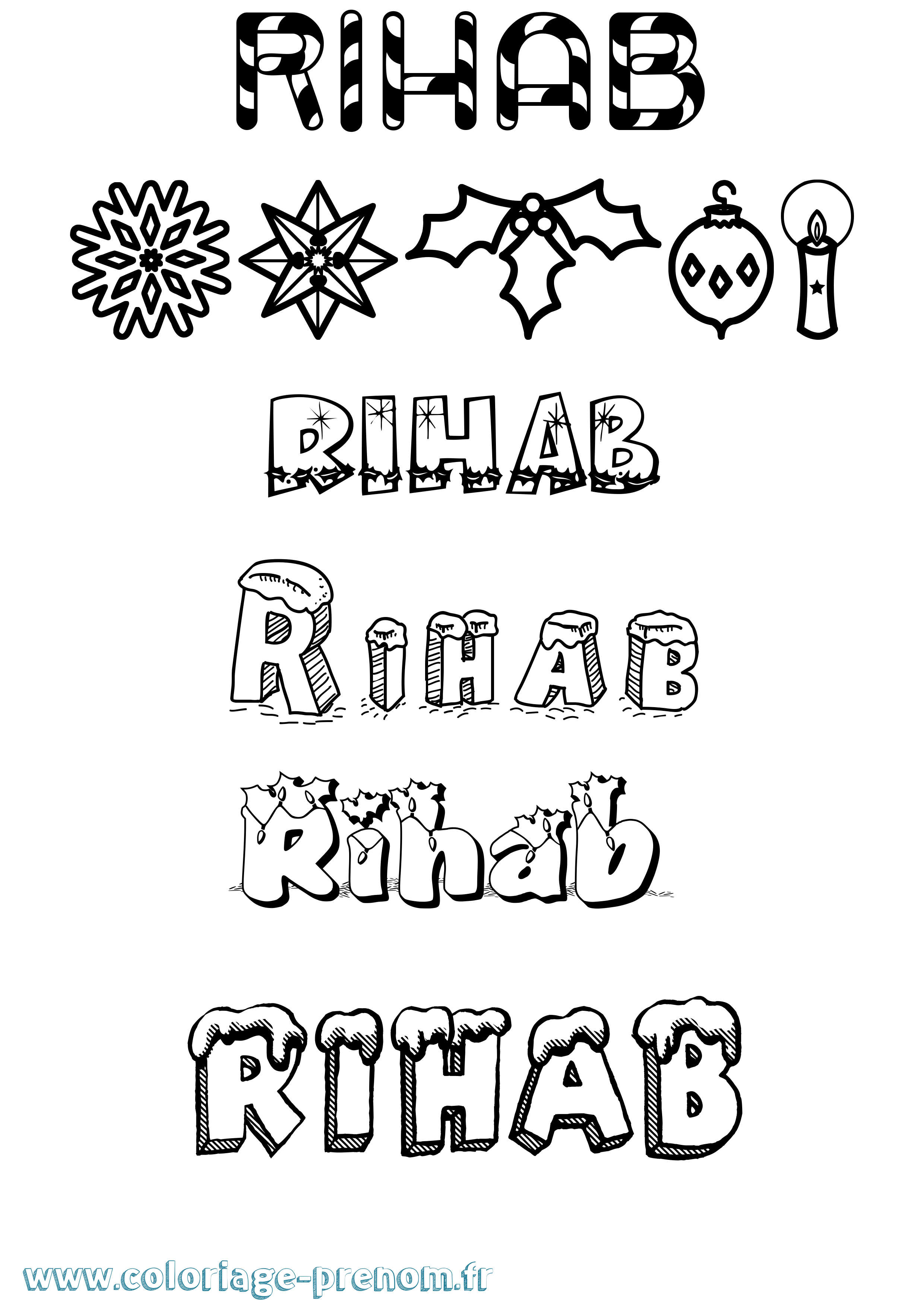 Coloriage Rihab Noël Coloriage prénom Rihab Noël