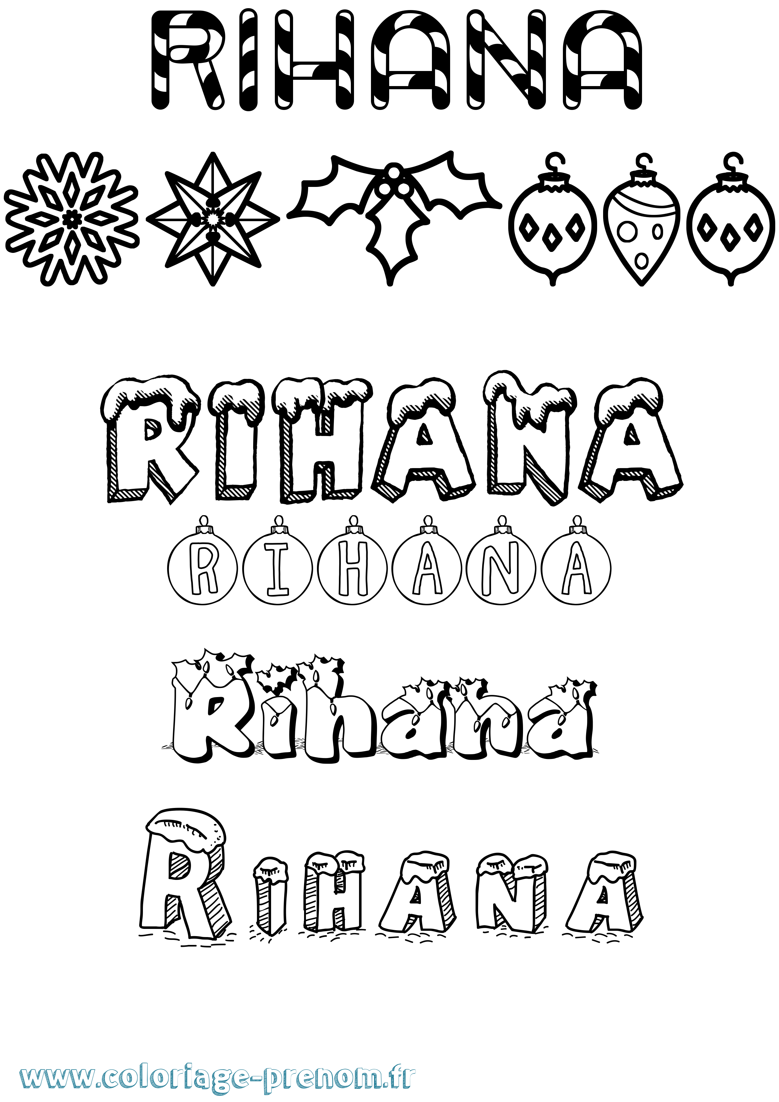 Coloriage Rihana Noël Coloriage prénom Rihana Noël