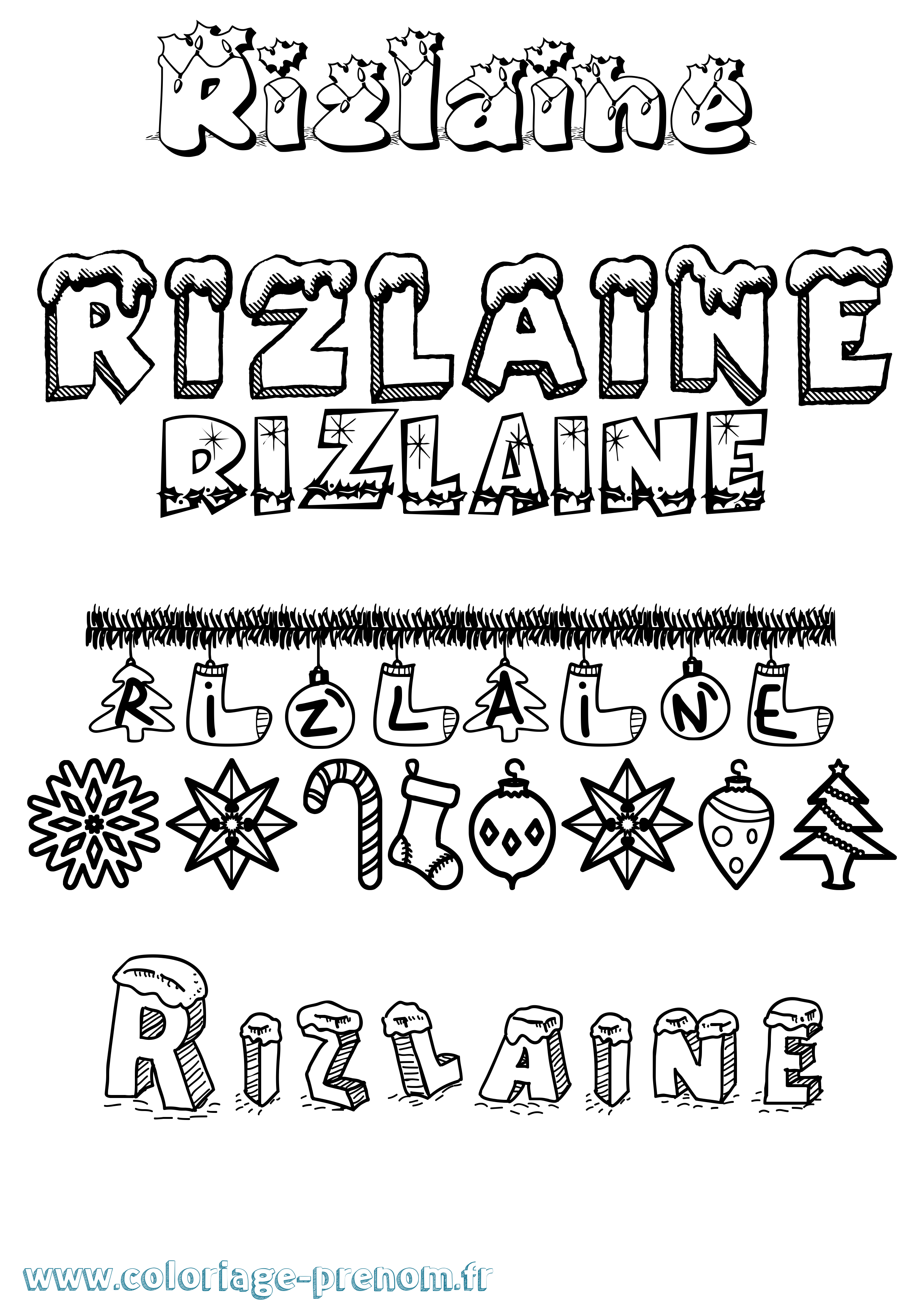 Coloriage Rizlaine Noël Coloriage prénom Rizlaine Noël
