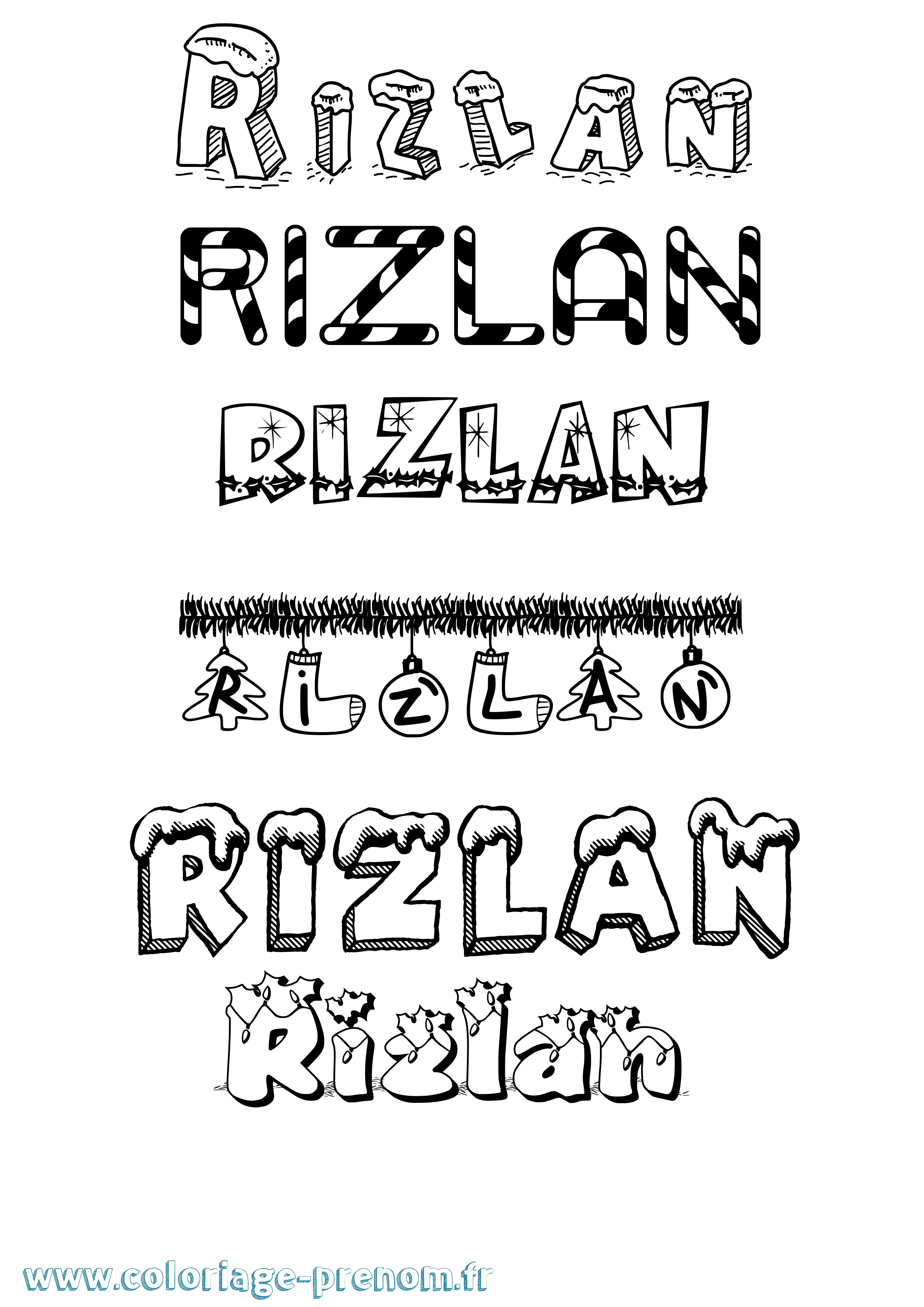 Coloriage Rizlan Noël Coloriage prénom Rizlan Noël