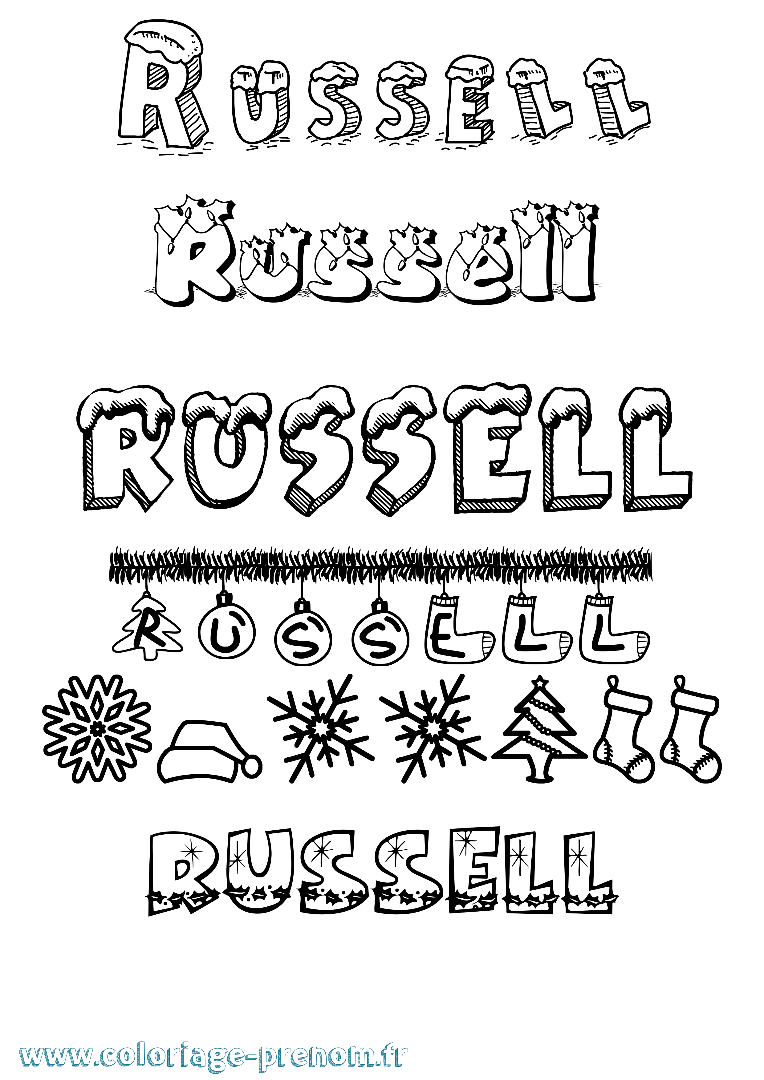 Coloriage Russell Noël Coloriage prénom Russell Noël