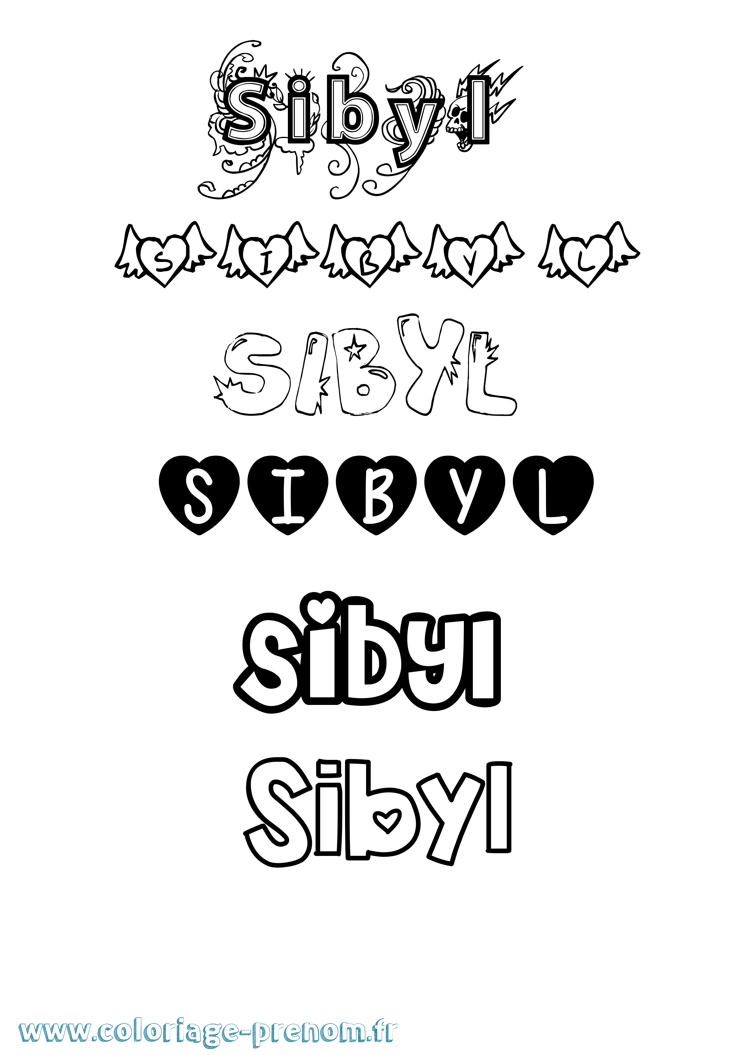 Coloriage Sibyl Girly Coloriage prénom Sibyl Girly
