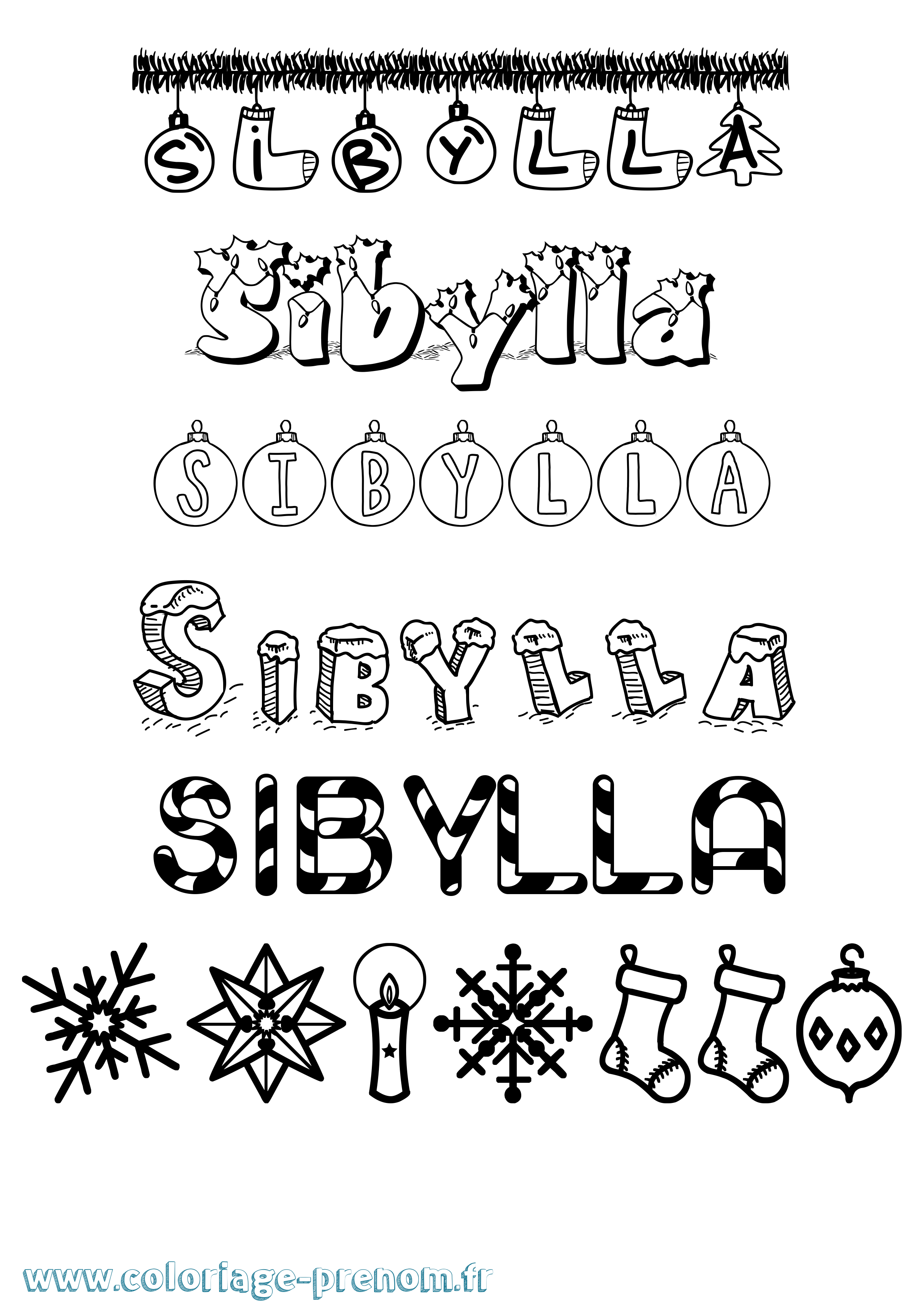 Coloriage Sibylla Noël Coloriage prénom Sibylla Noël