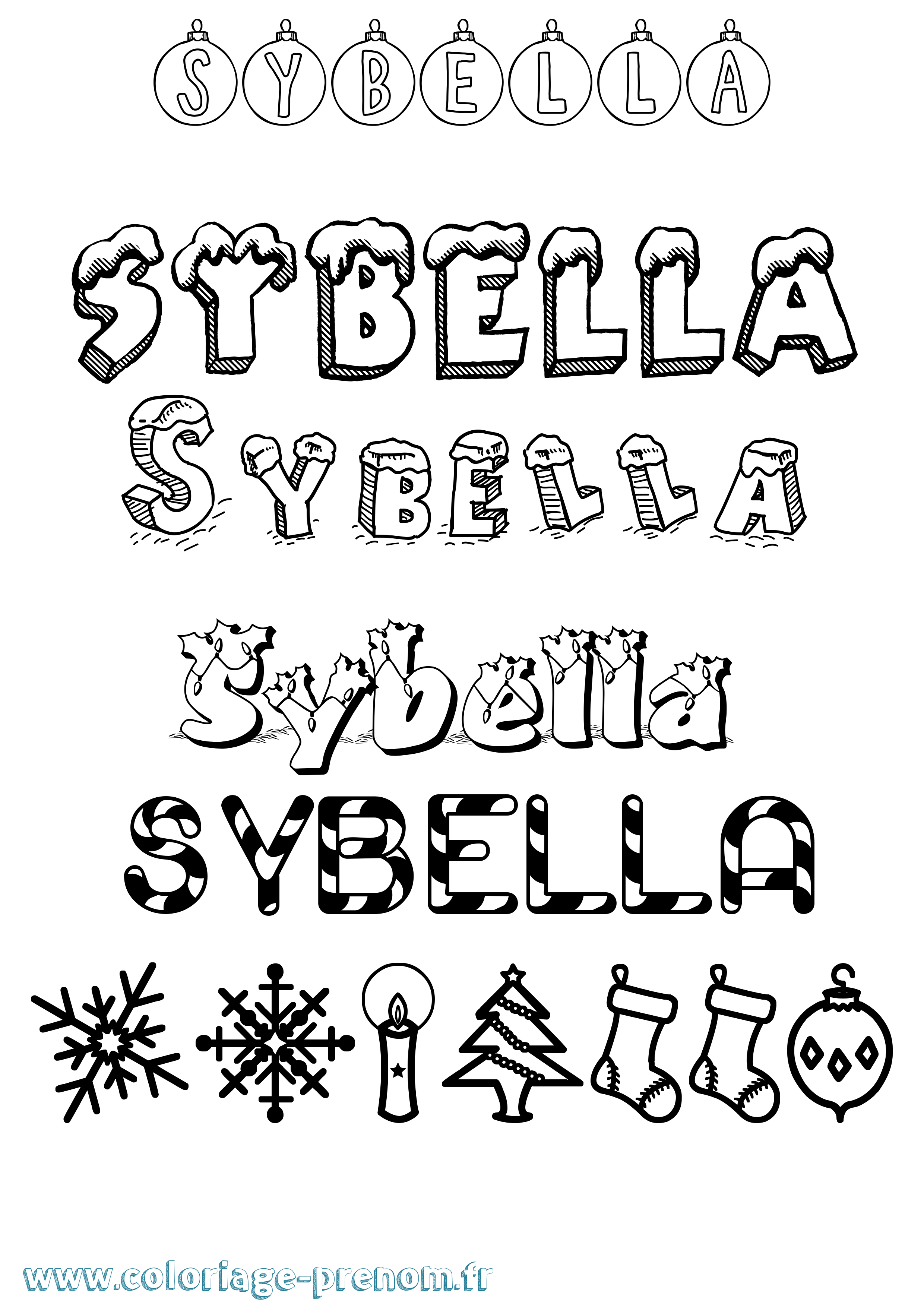 Coloriage Sybella Noël Coloriage prénom Sybella Noël