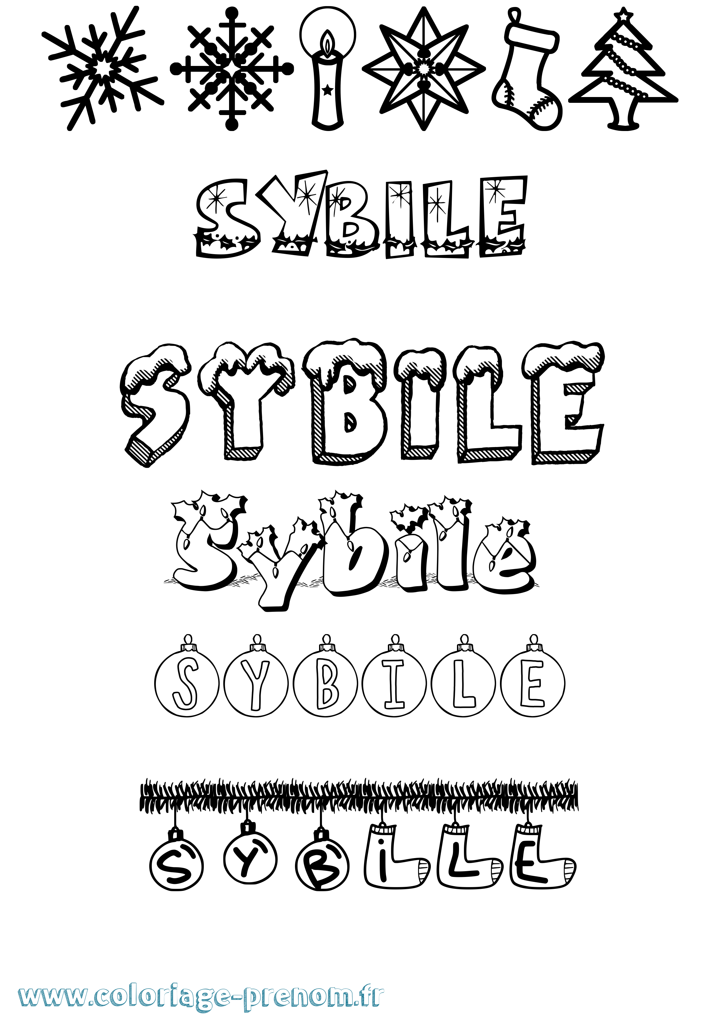 Coloriage Sybile Noël Coloriage prénom Sybile Noël