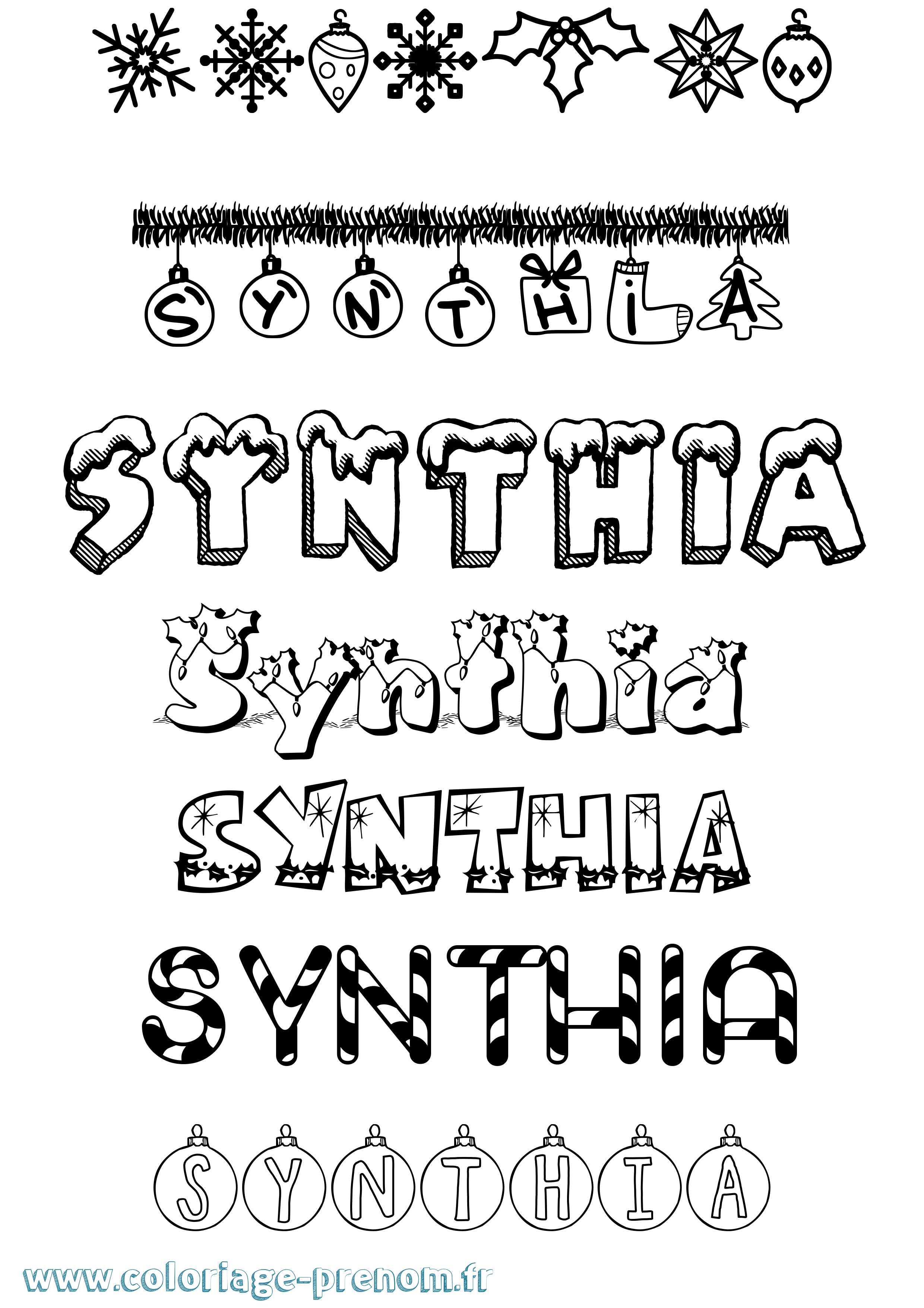 Coloriage Synthia Noël Coloriage prénom Synthia Noël
