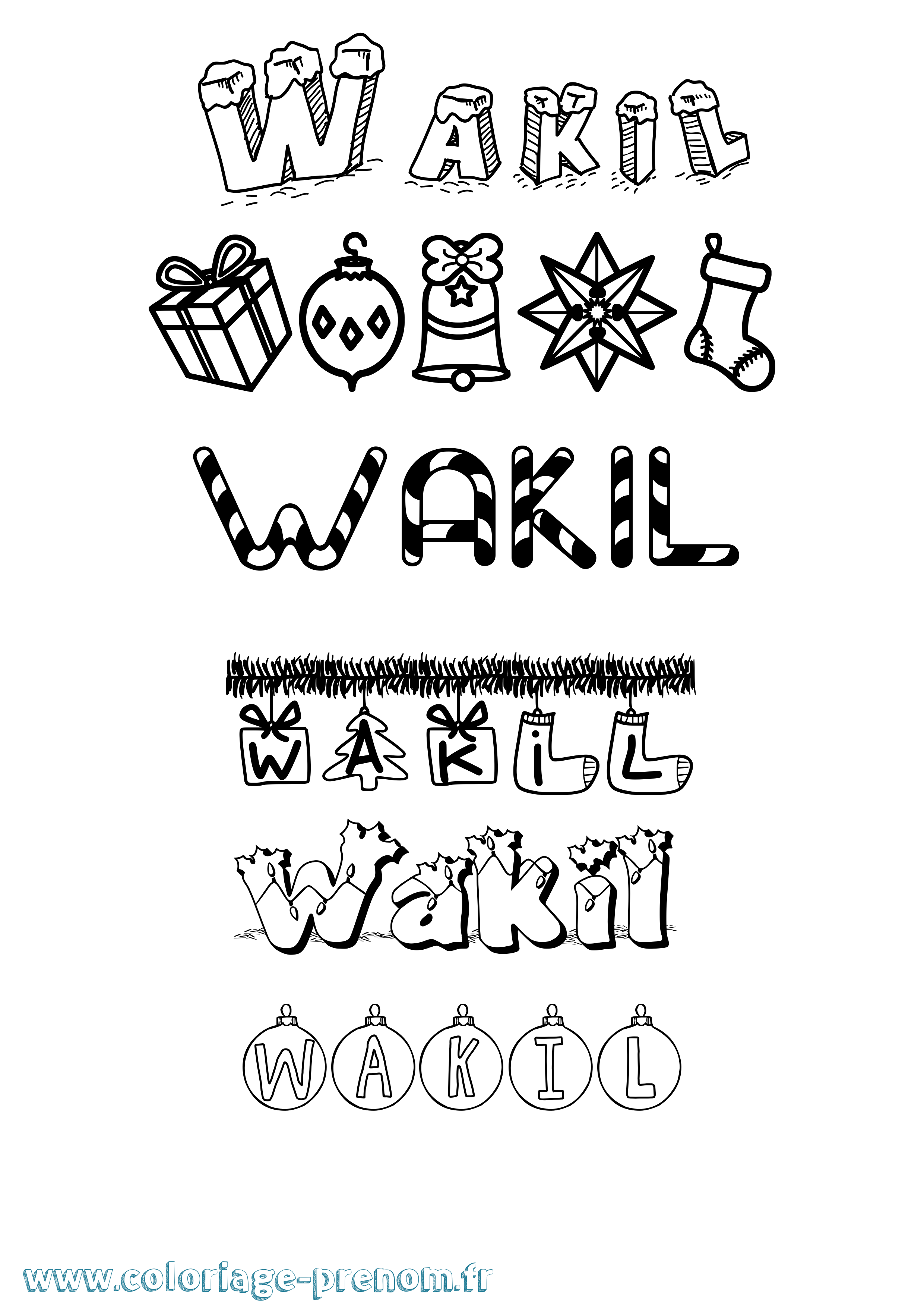 Coloriage Wakil Noël Coloriage prénom Wakil Noël