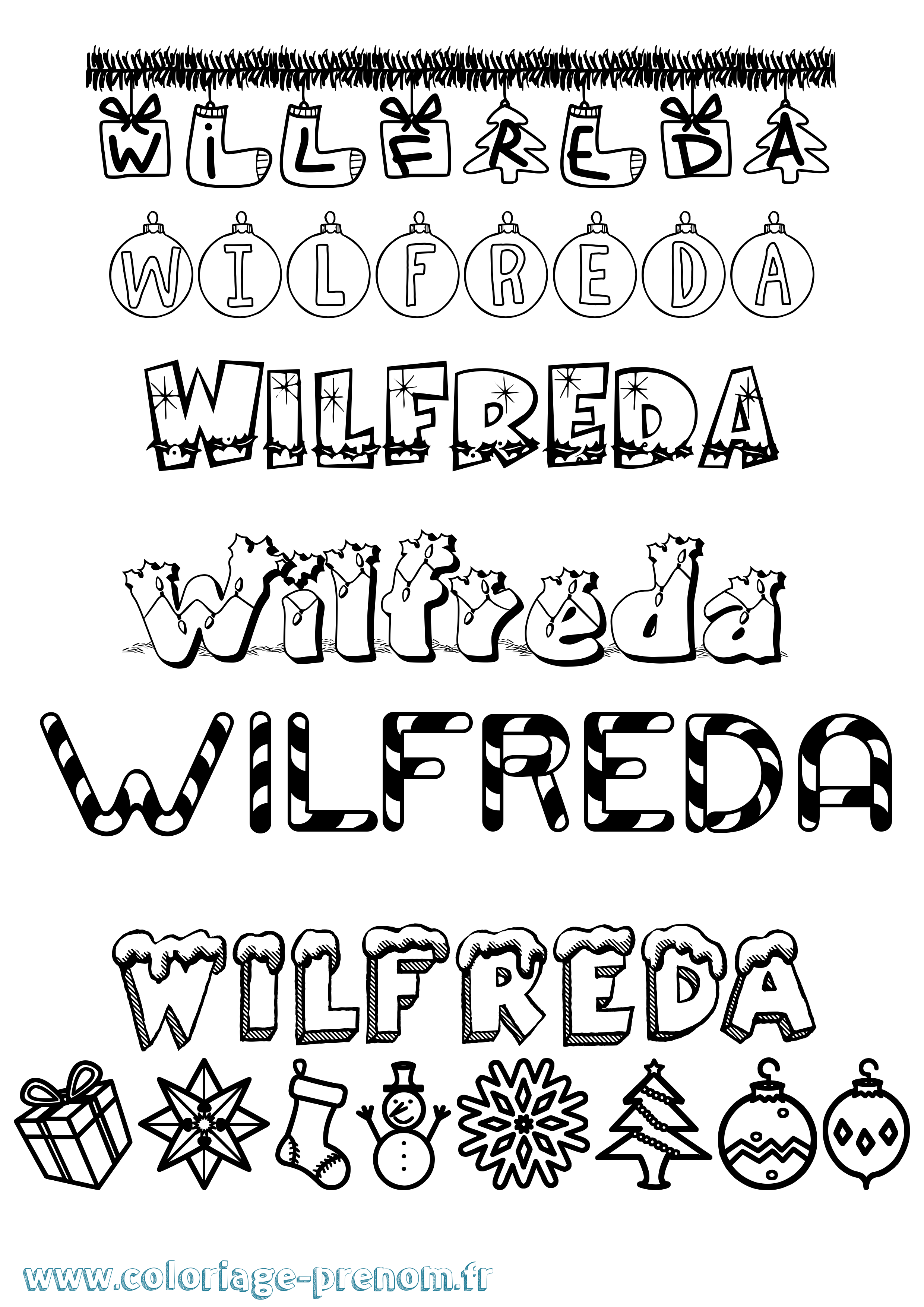 Coloriage Wilfreda Noël Coloriage prénom Wilfreda Noël