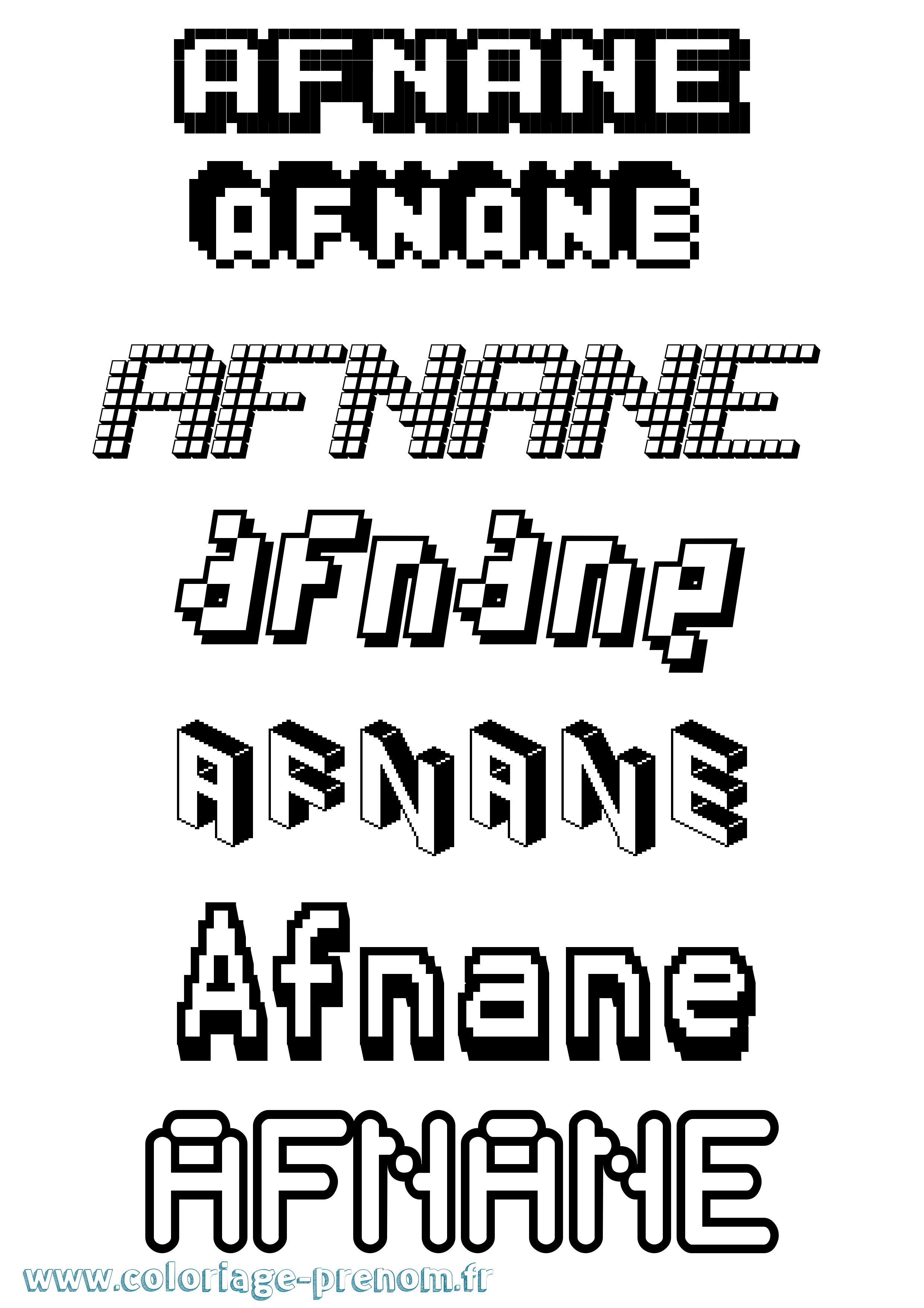 Coloriage prénom Afnane Pixel