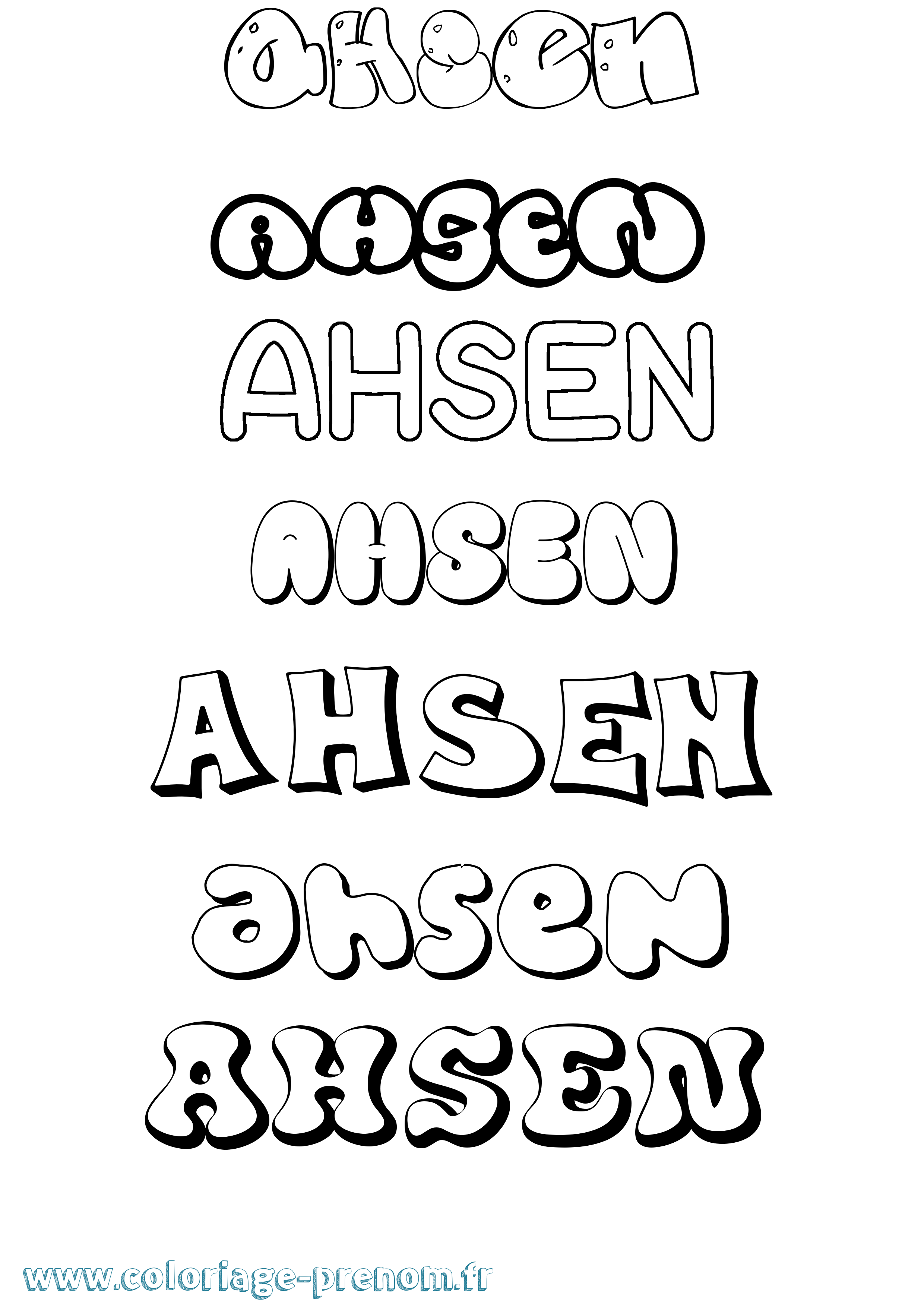 Coloriage prénom Ahsen Bubble