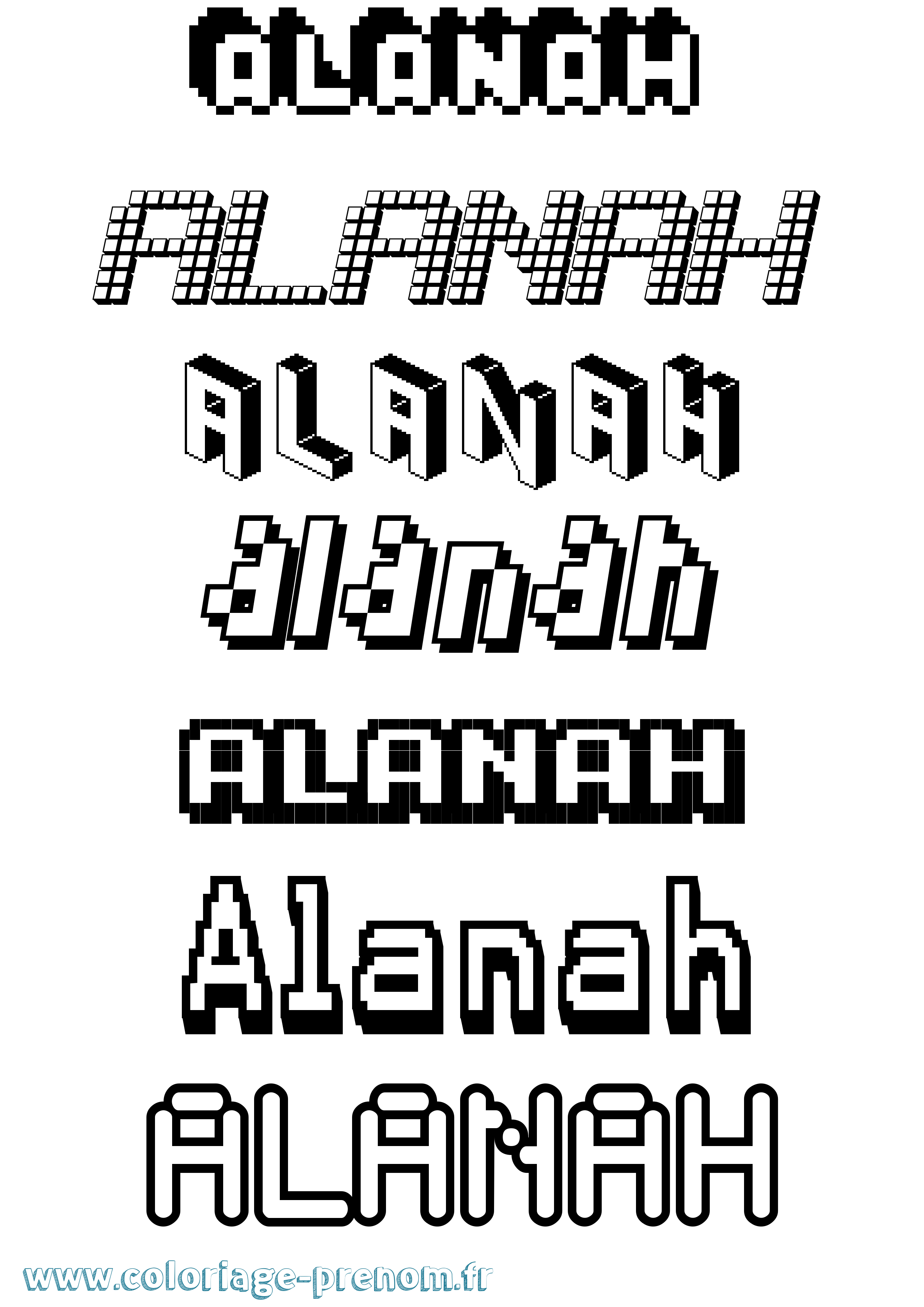 Coloriage prénom Alanah Pixel