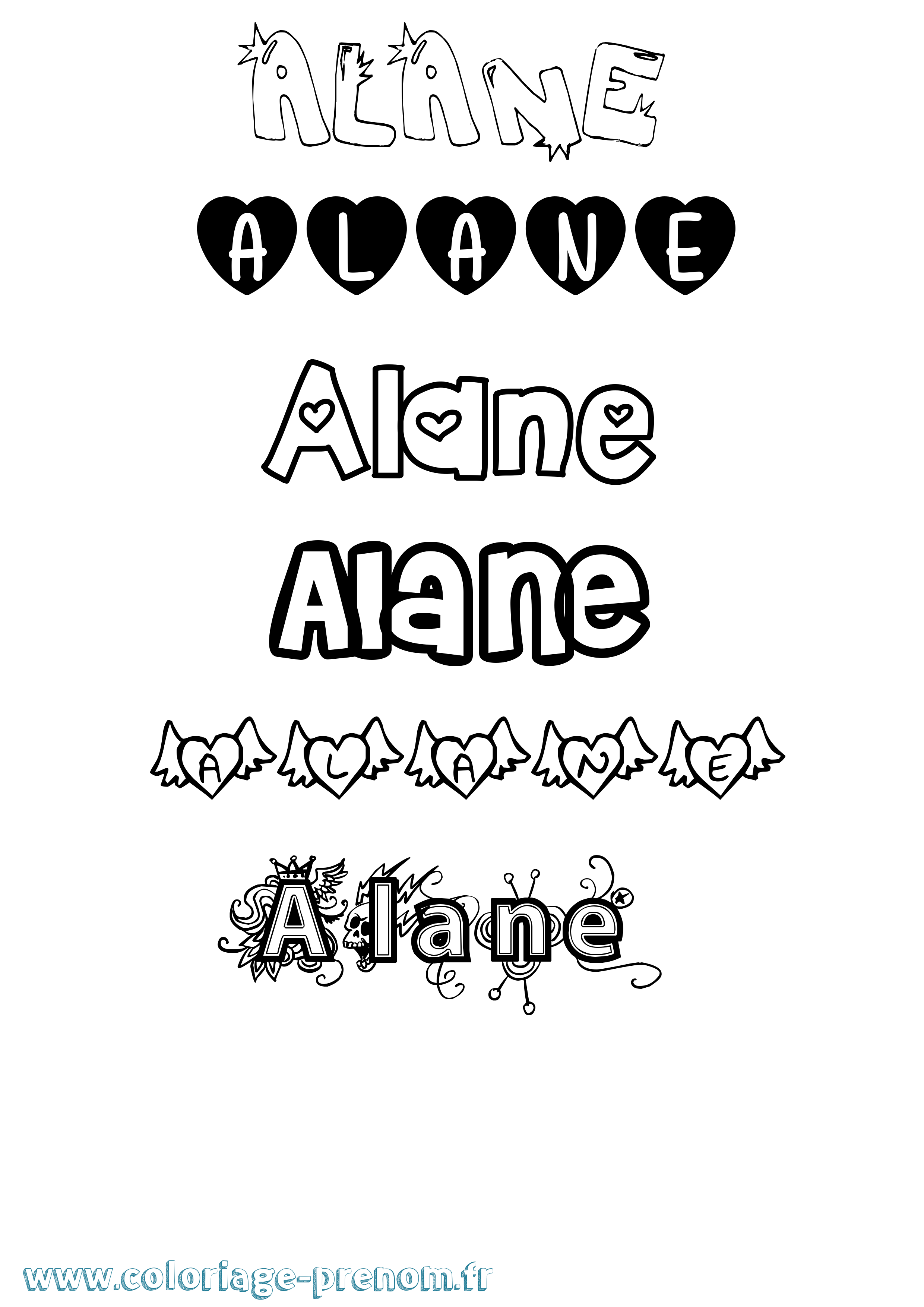 Coloriage prénom Alane Girly