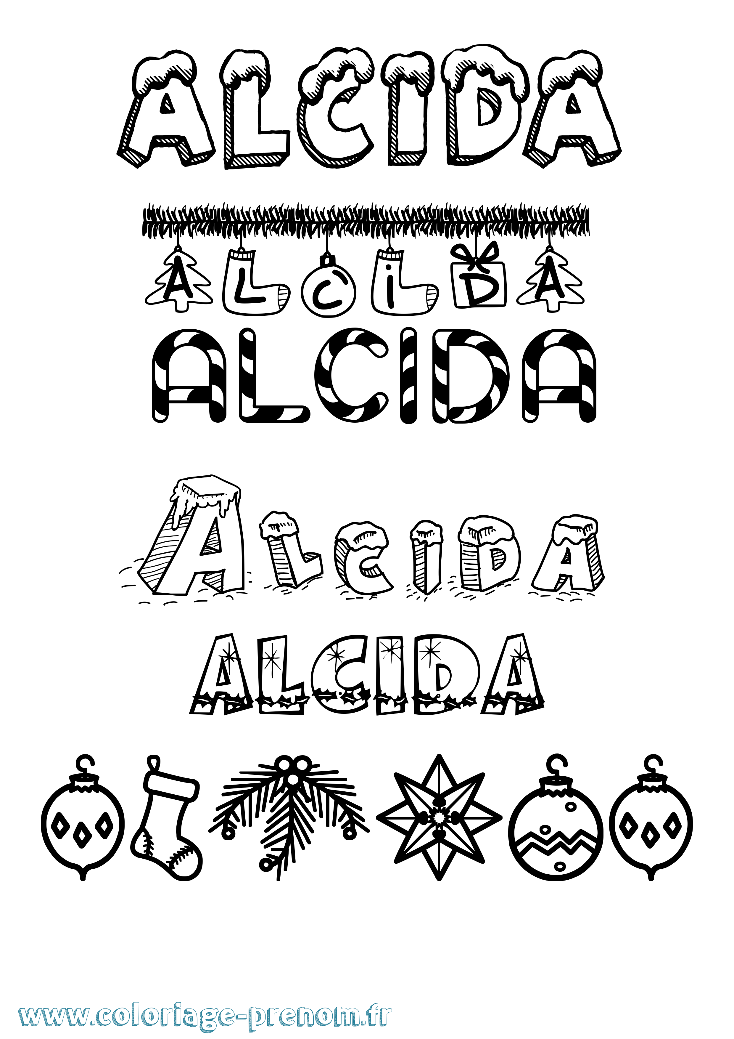 Coloriage prénom Alcida Noël