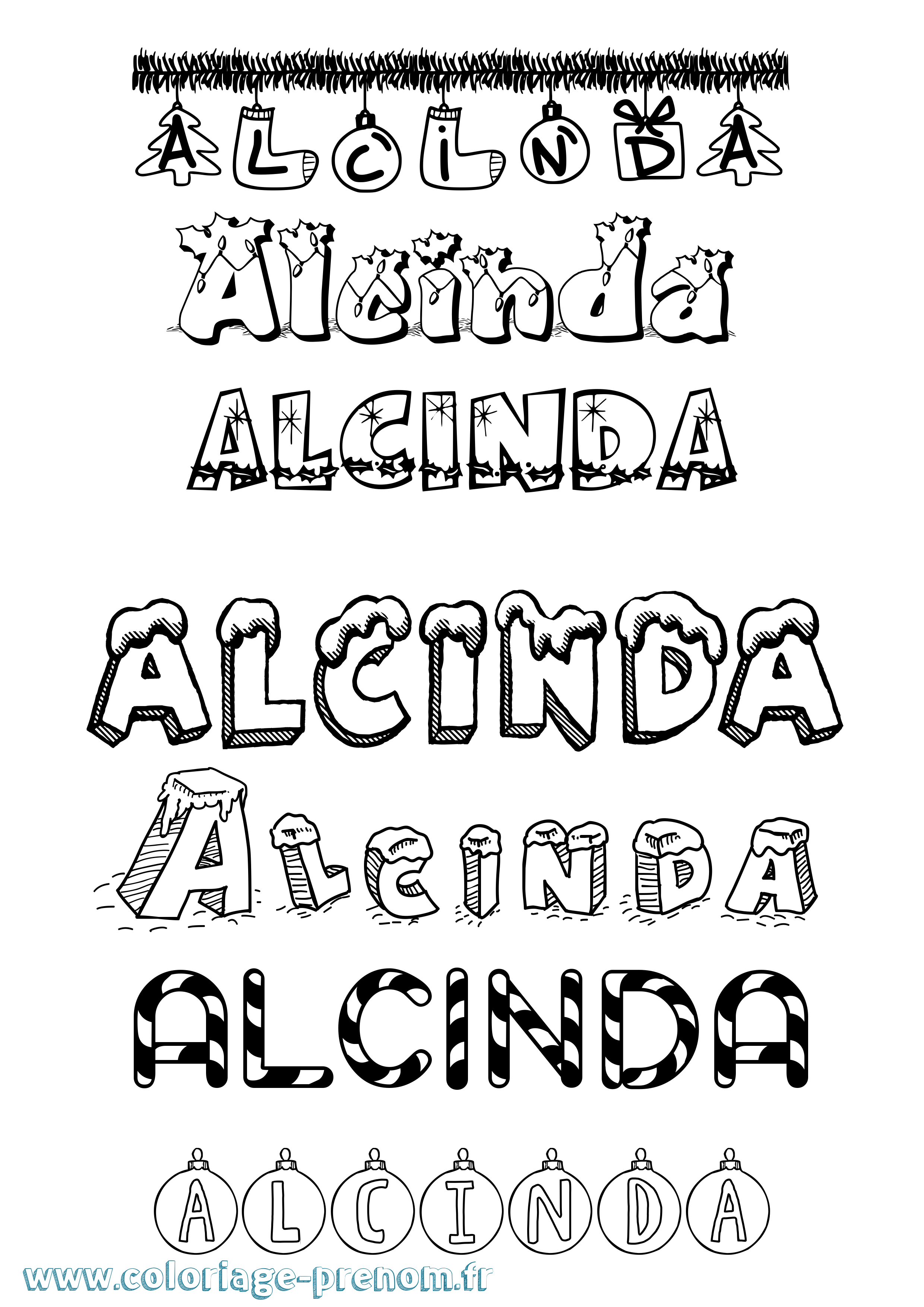 Coloriage prénom Alcinda Noël