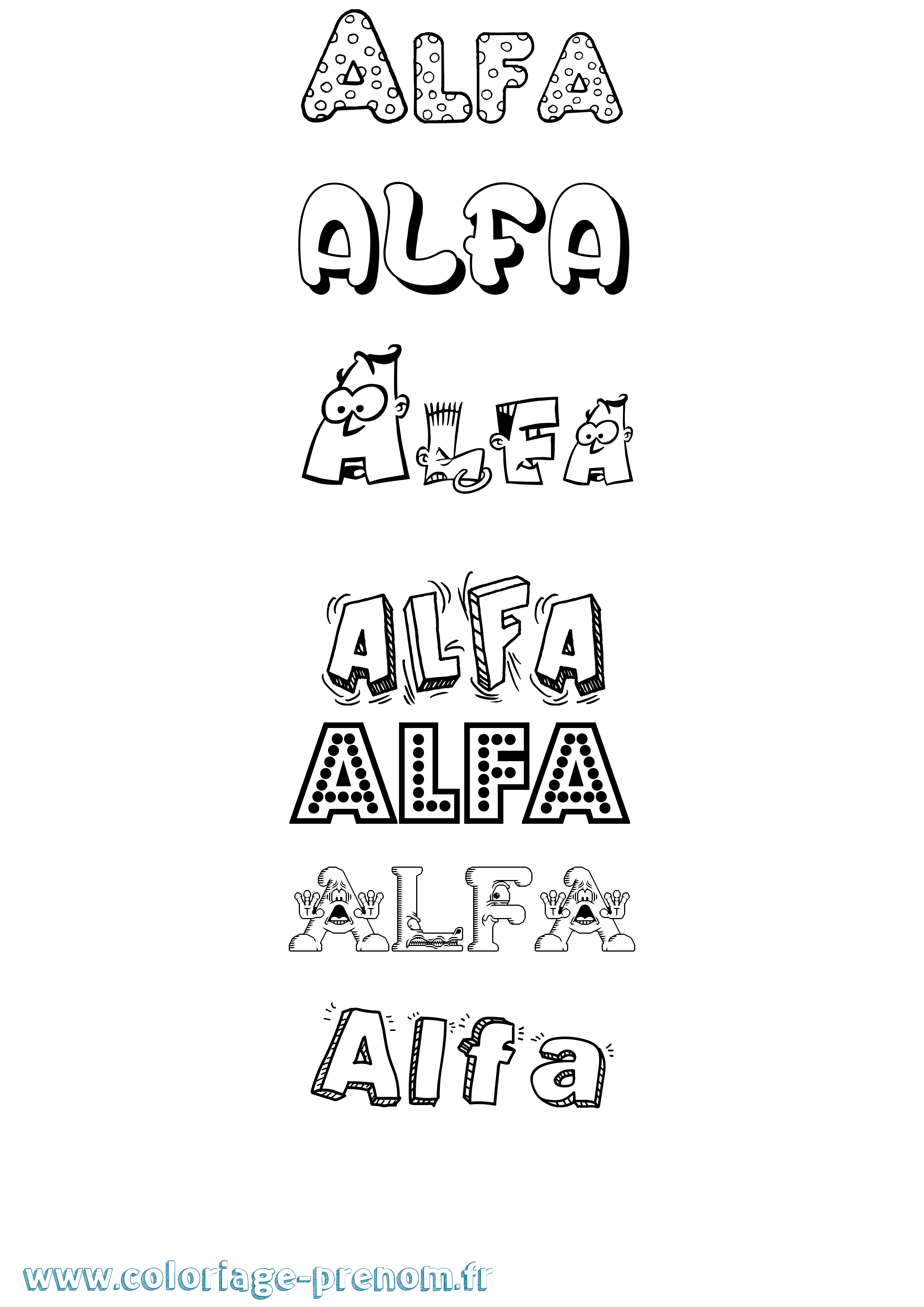 Coloriage prénom Alfa Fun