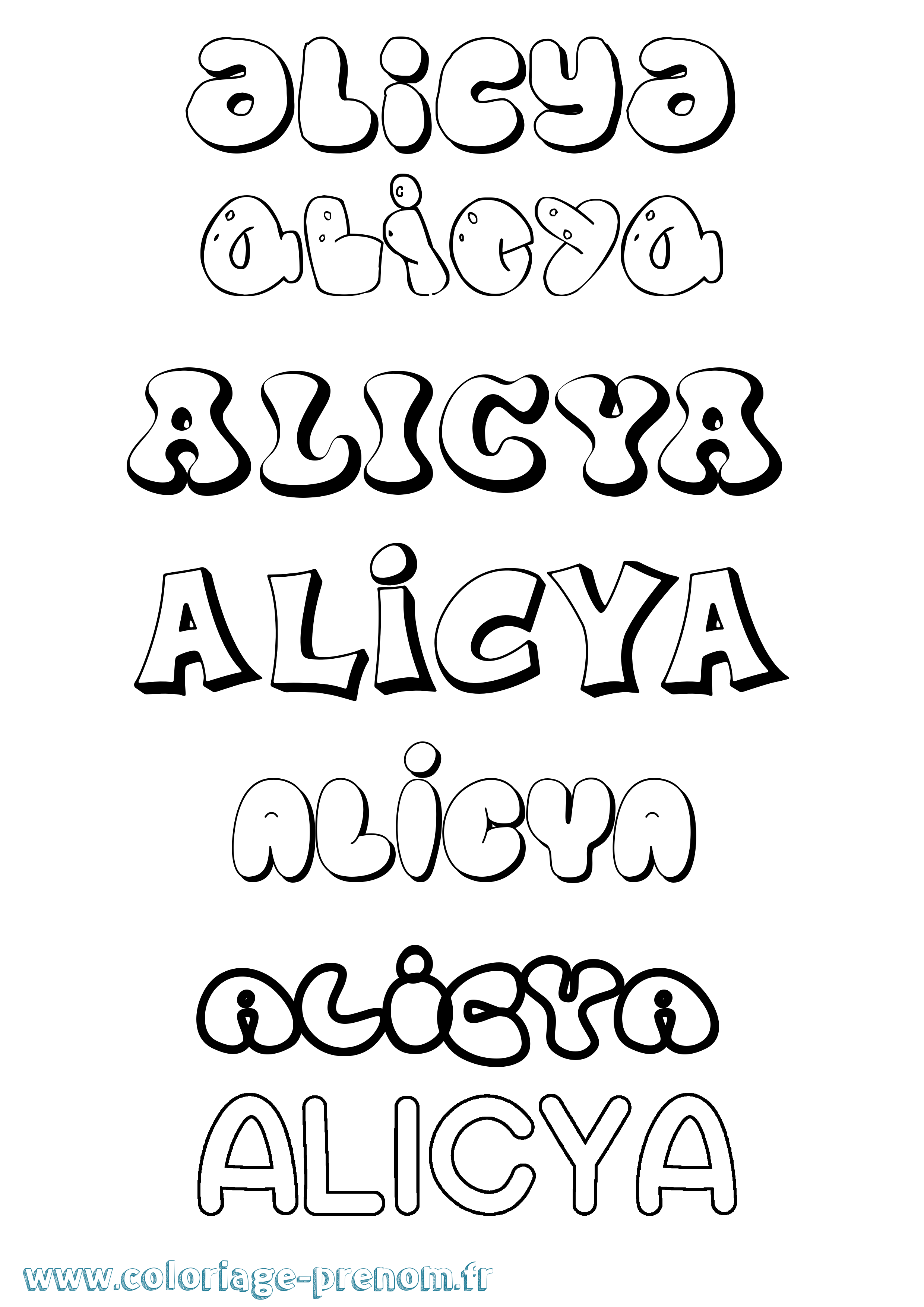 Coloriage prénom Alicya Bubble
