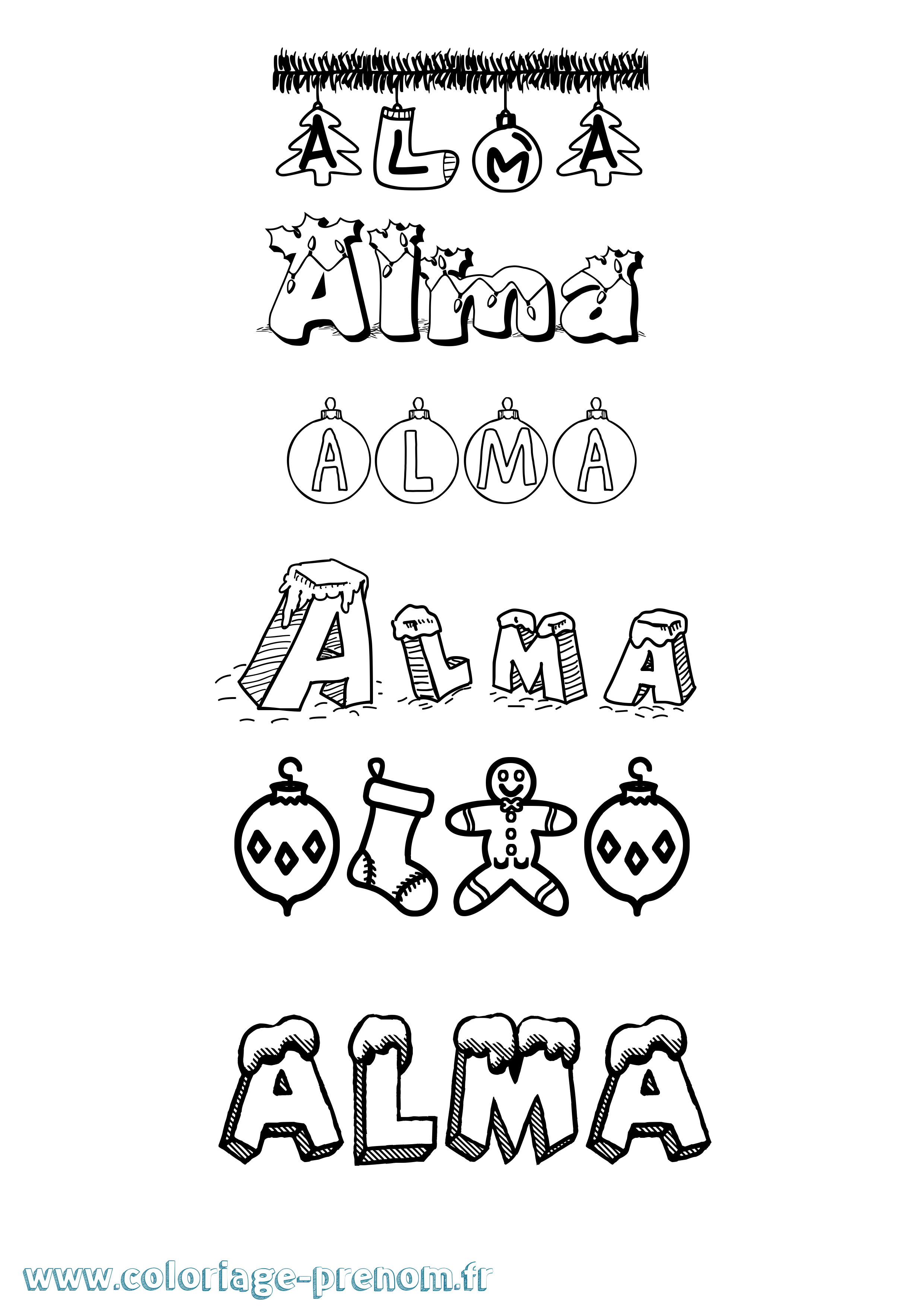 Coloriage prénom Alma Noël