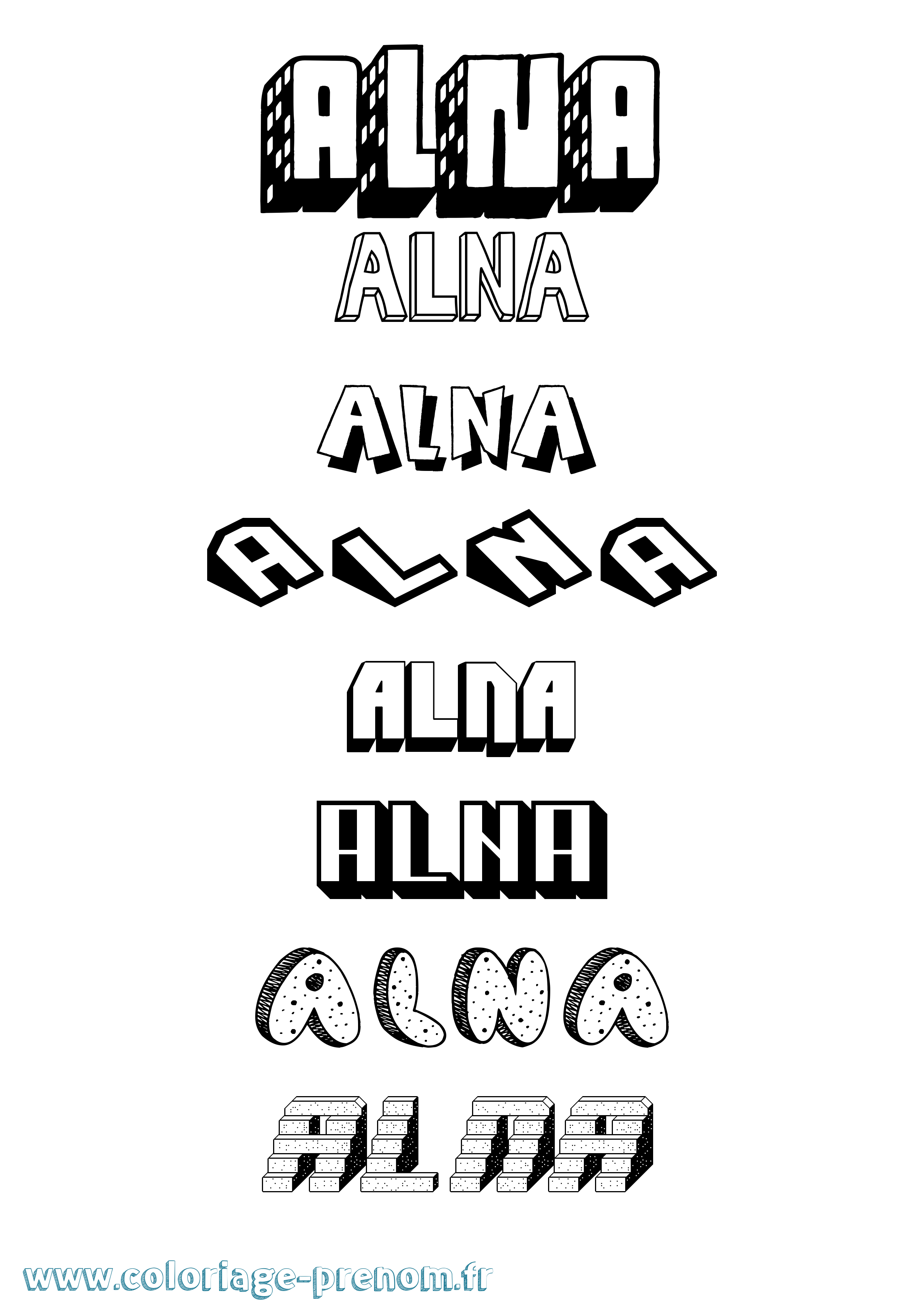 Coloriage prénom Alna Effet 3D