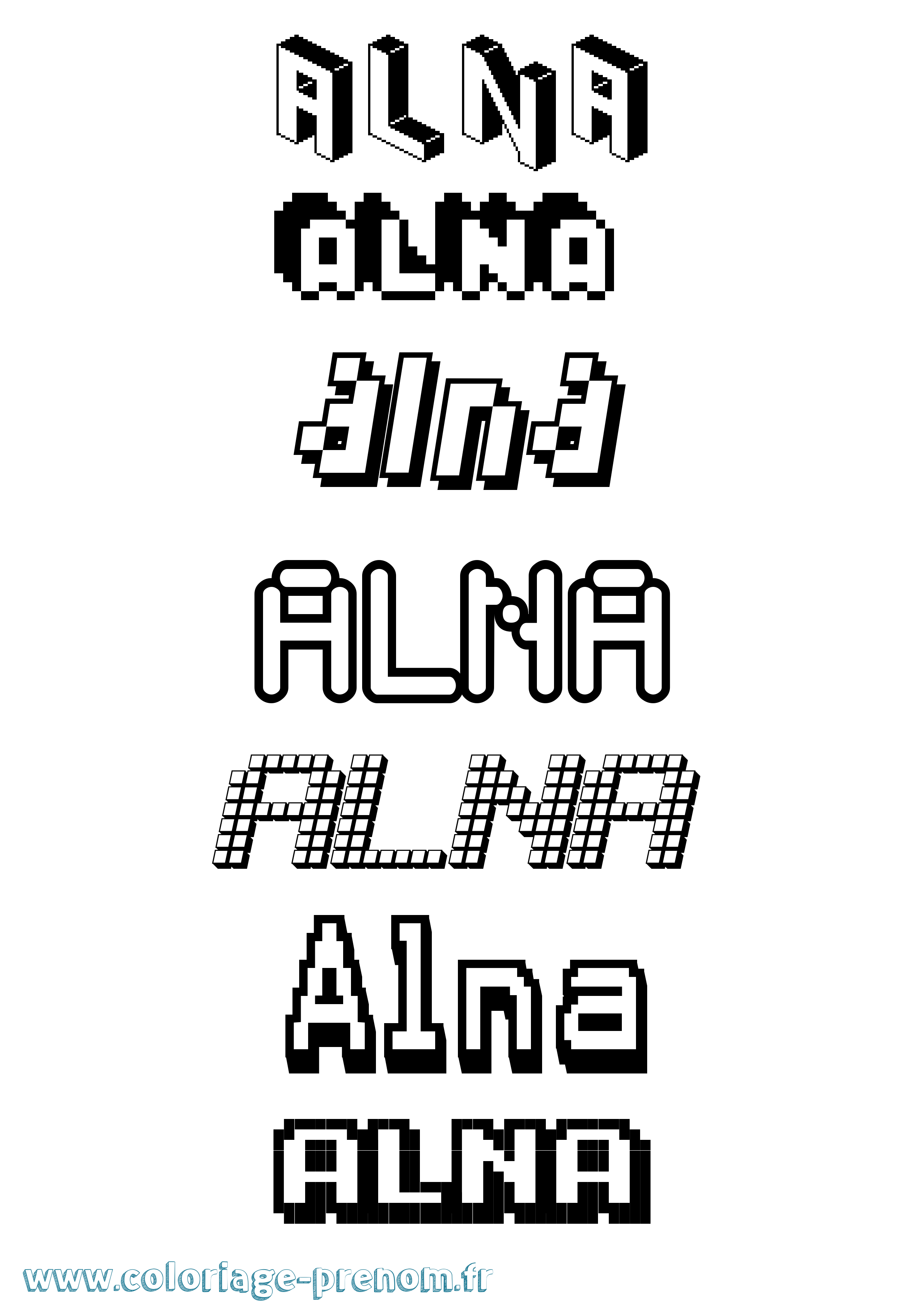 Coloriage prénom Alna Pixel