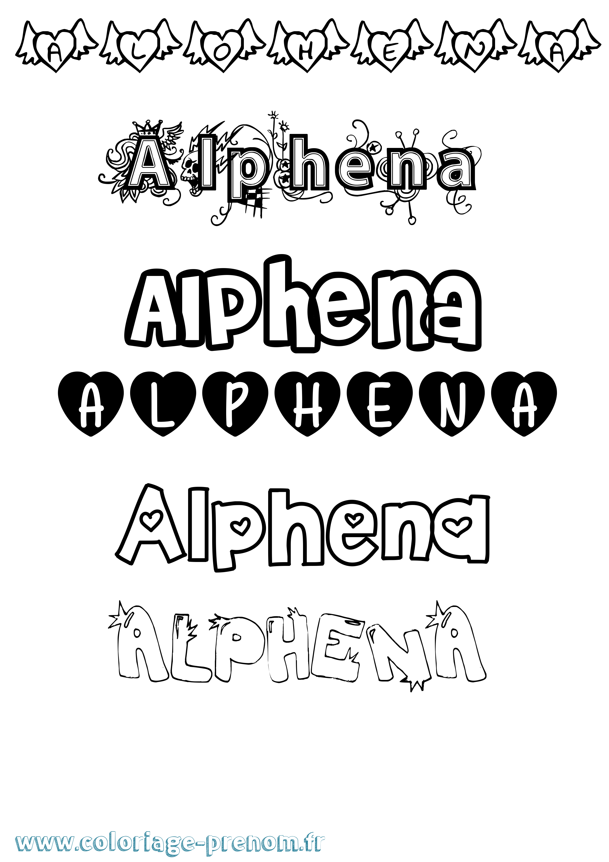 Coloriage prénom Alphena Girly