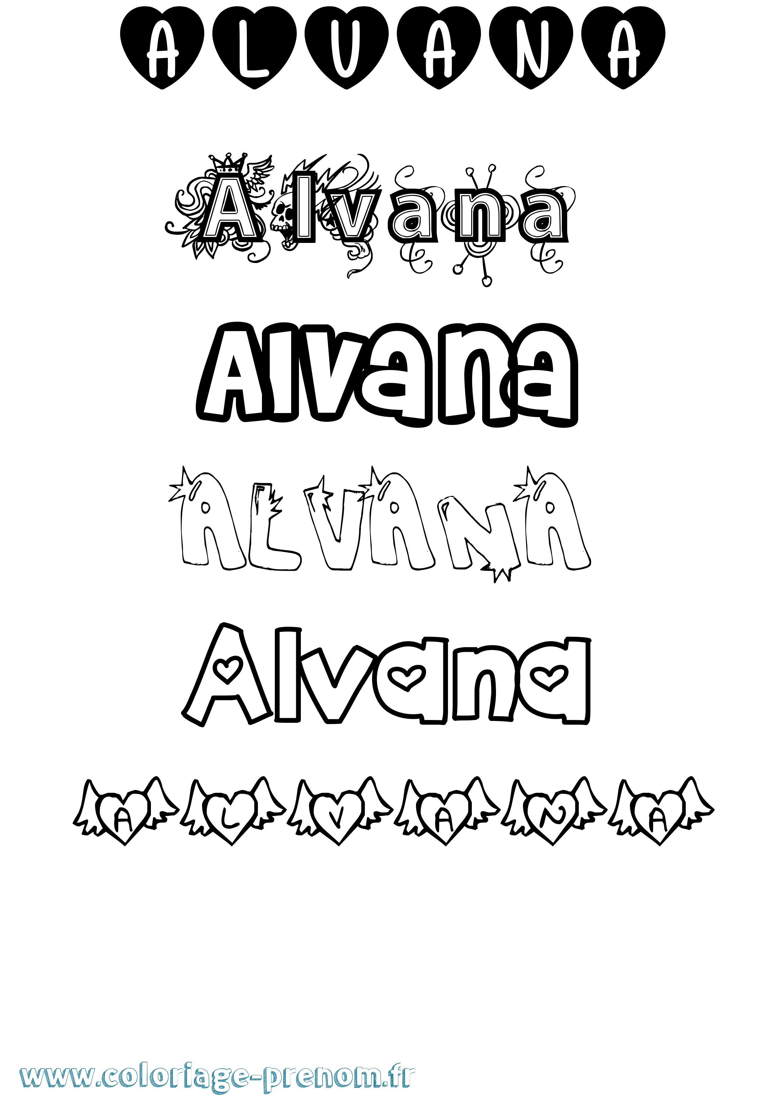 Coloriage prénom Alvana Girly
