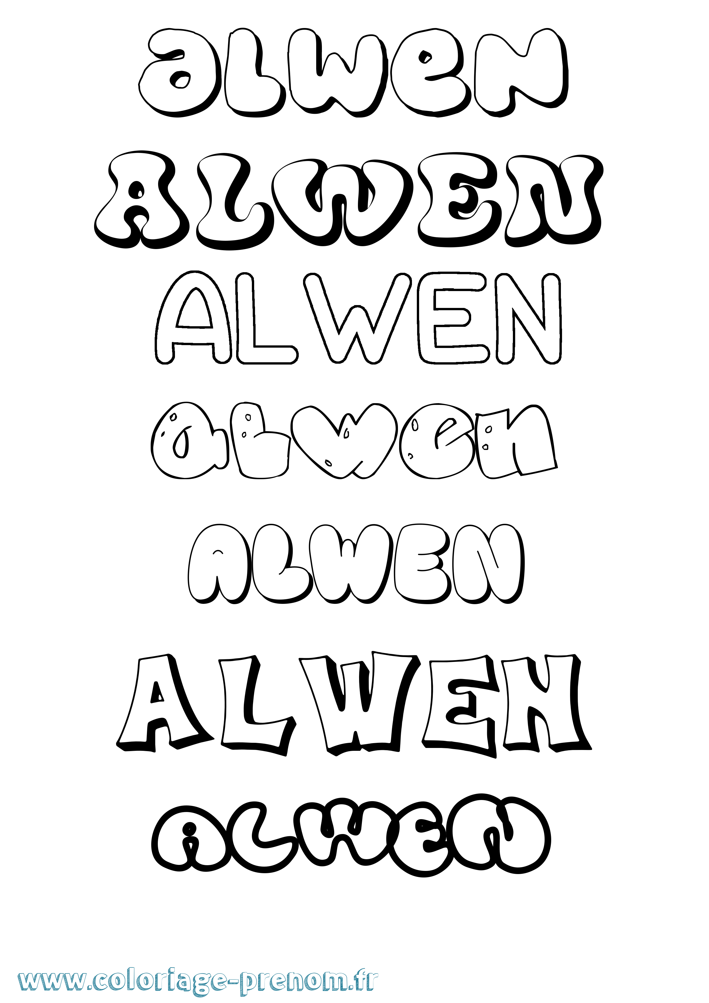Coloriage prénom Alwen Bubble