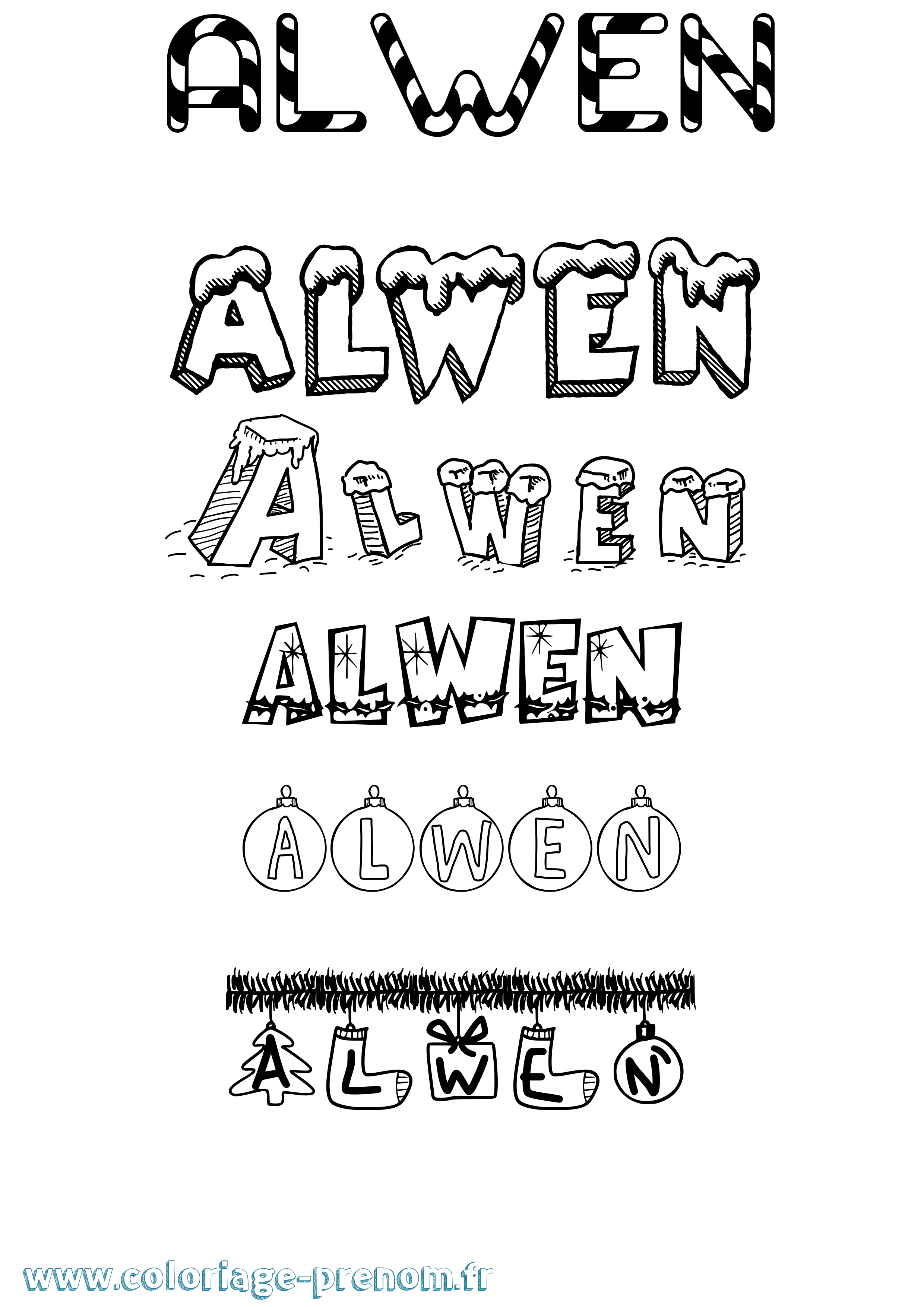 Coloriage prénom Alwen Noël