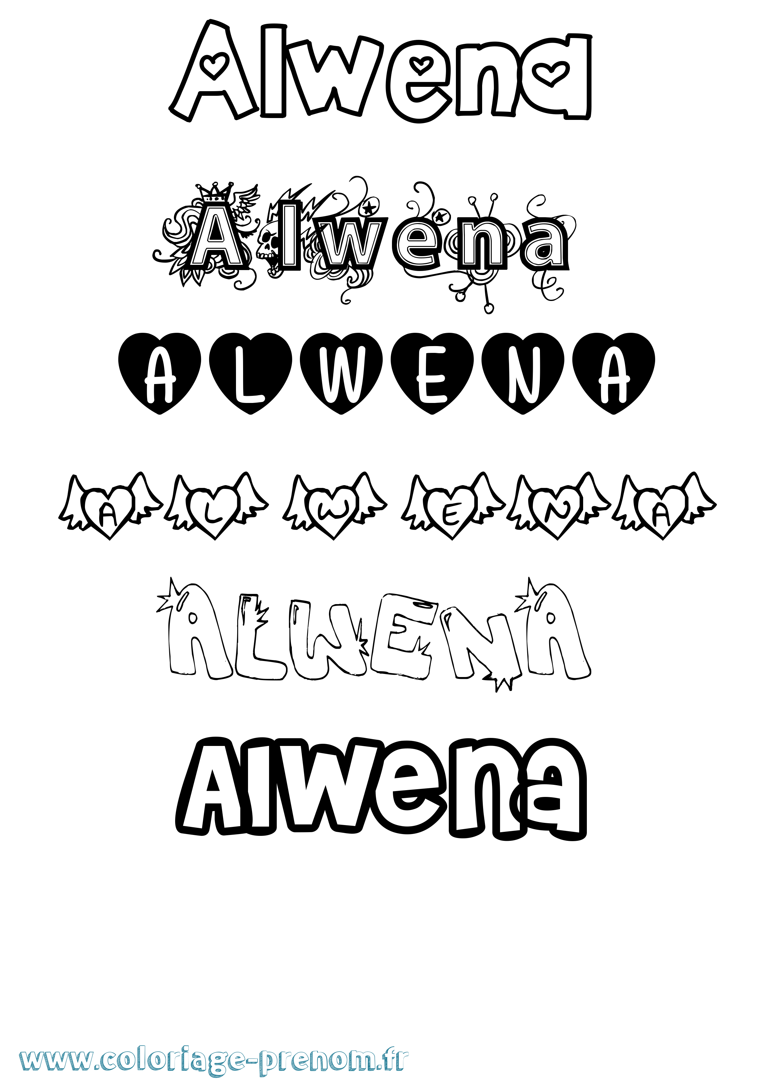 Coloriage prénom Alwena Girly