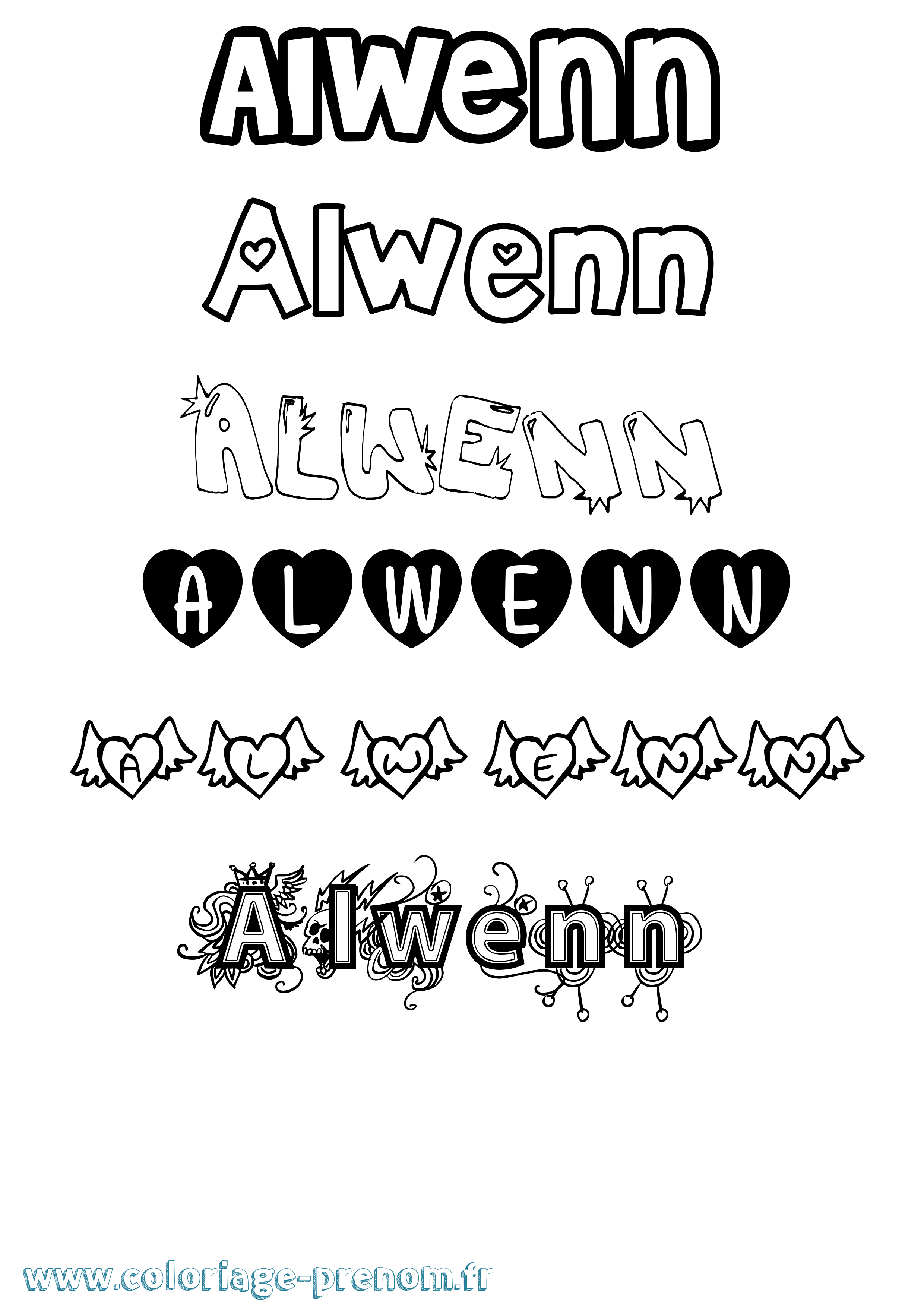 Coloriage prénom Alwenn Girly