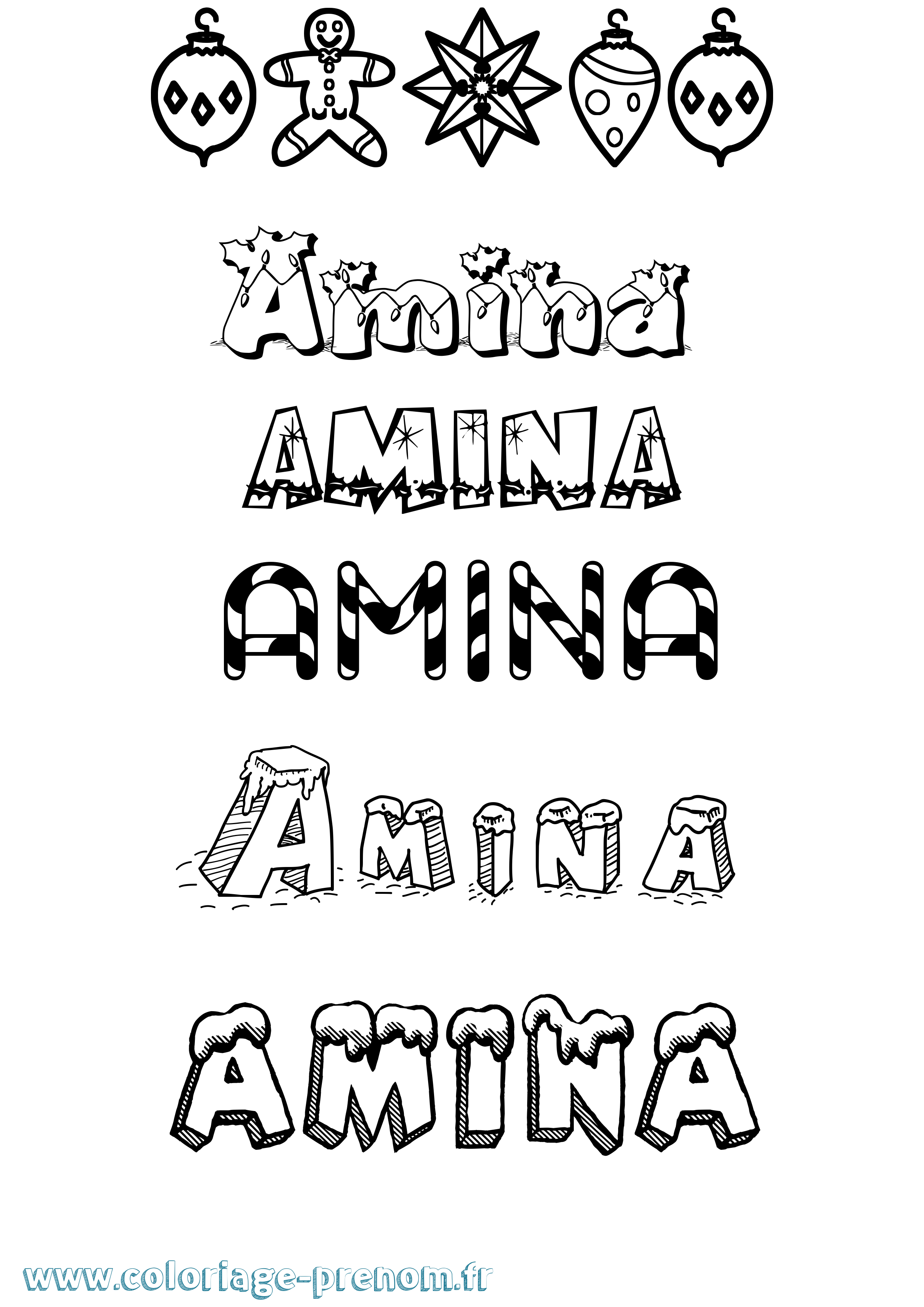 Coloriage prénom Amina Noël