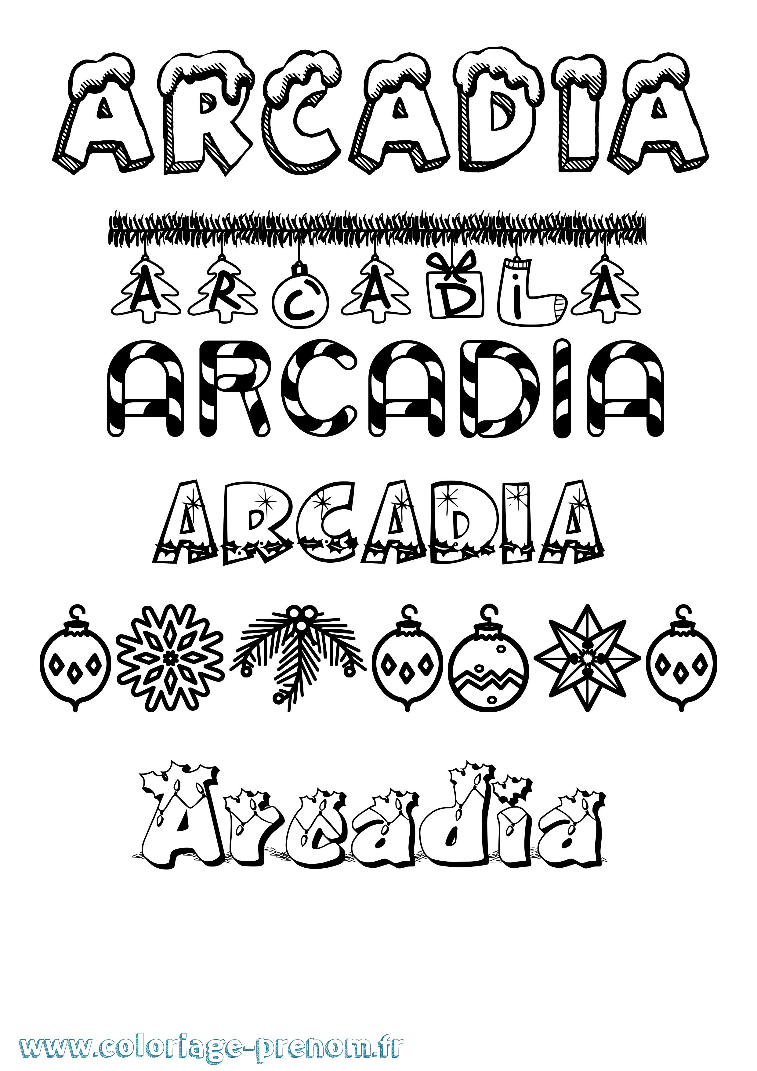 Coloriage prénom Arcadia Noël