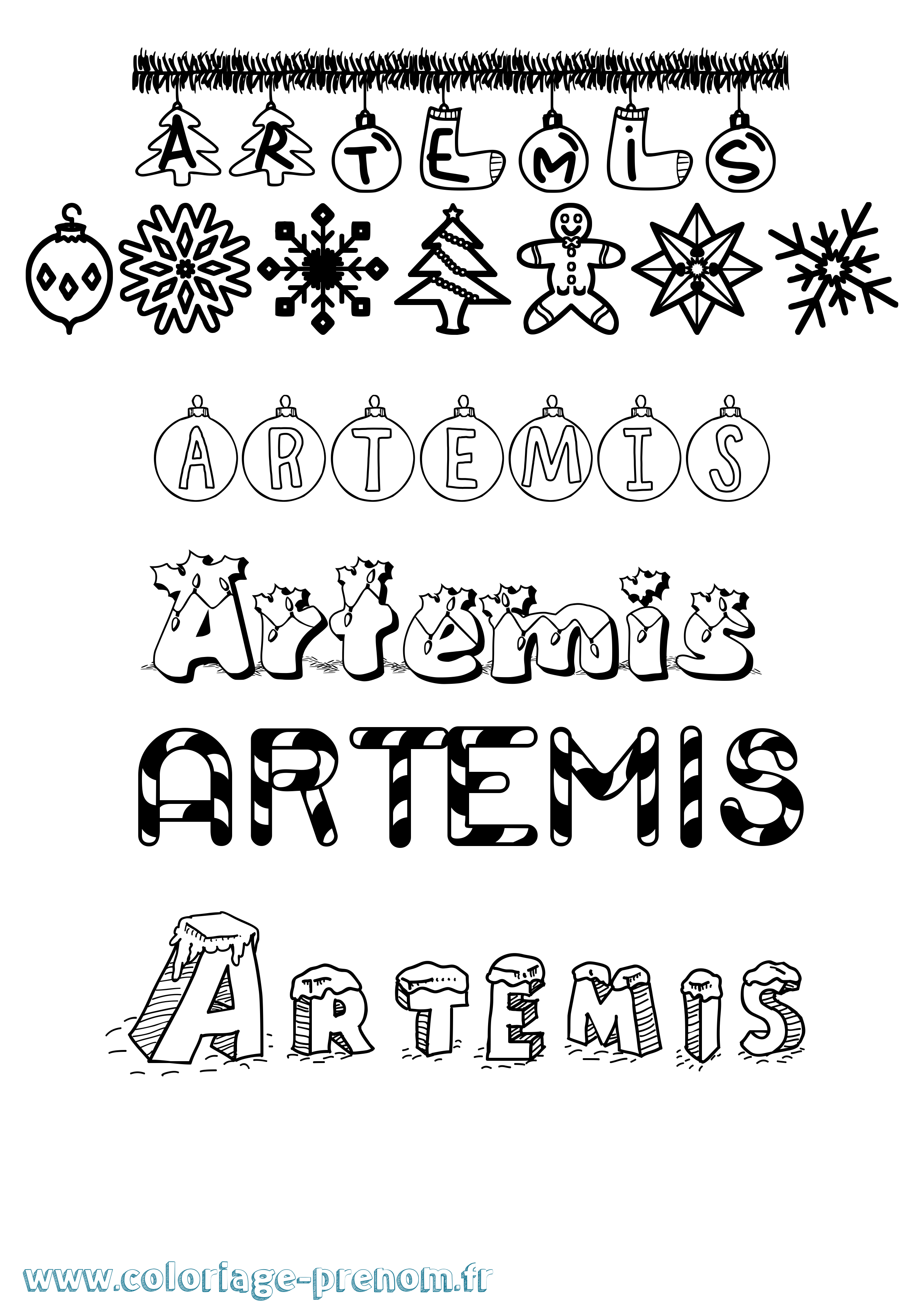 Coloriage prénom Artemis Noël